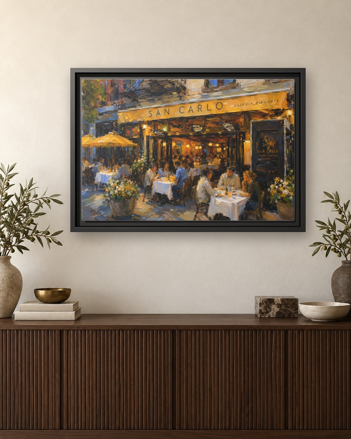 San Carlo Osteria Piemonte framed canvas print hanging above a credenza