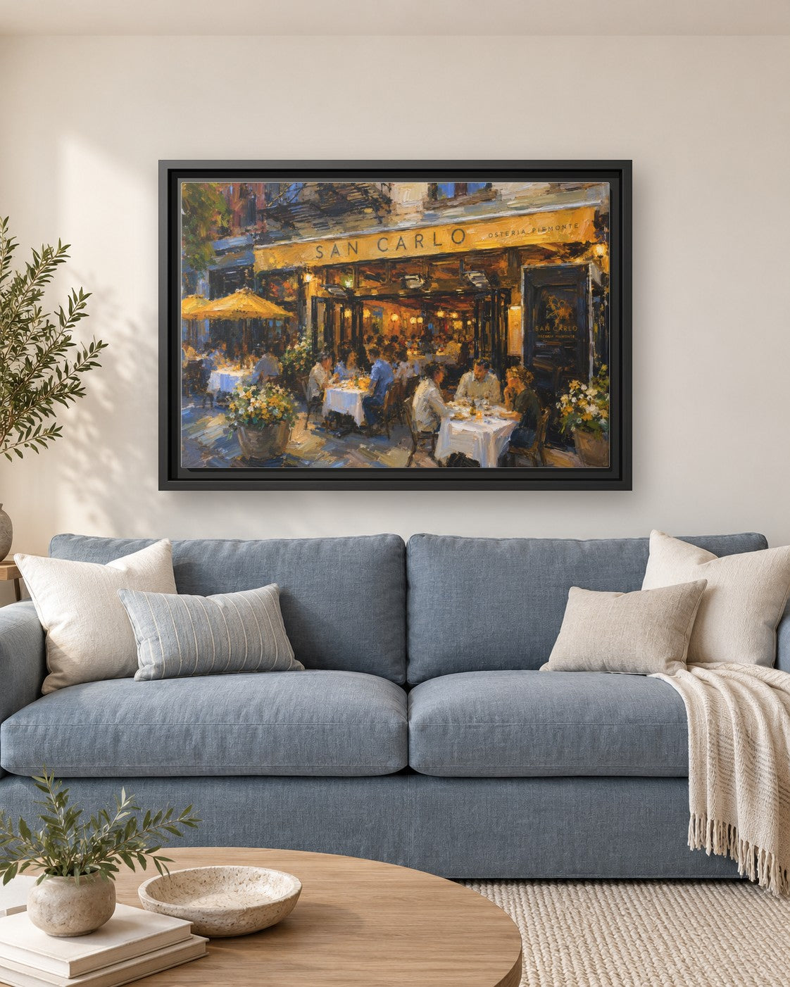 San Carlo Osteria Piemonte framed canvas print hanging above a sofa