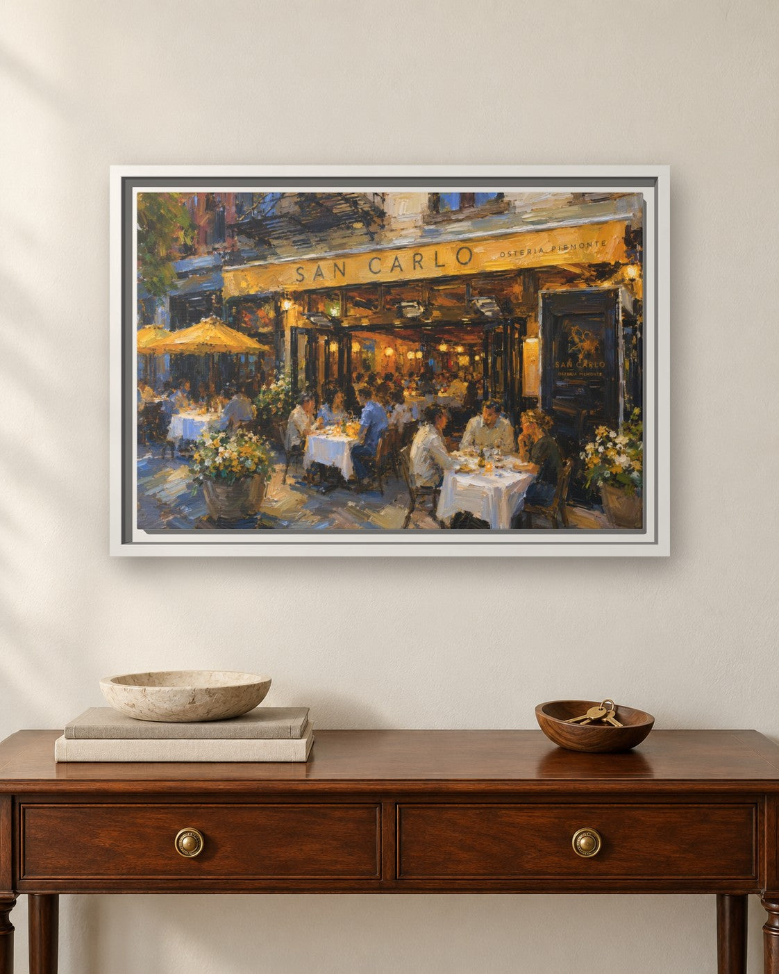 San Carlo Osteria Piemonte framed canvas print hanging above a sideboard