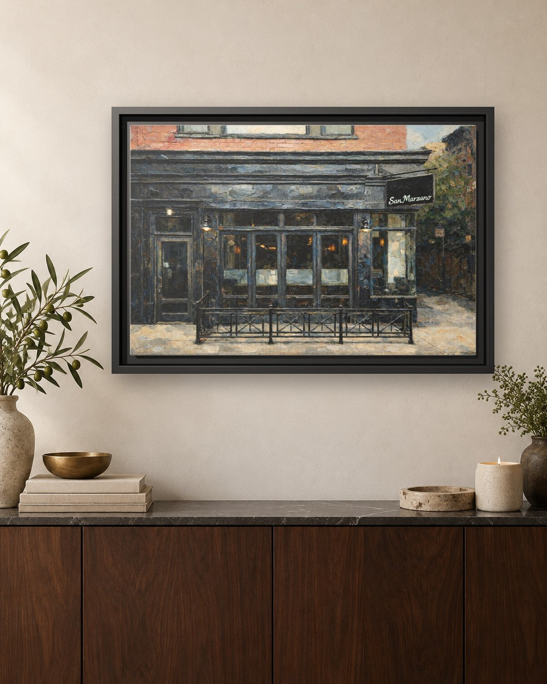 San Marzano framed canvas print hanging above a credenza