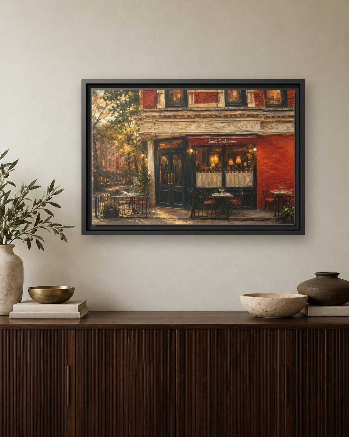 Sant Ambroeus West Village framed canvas print hanging above a credenza