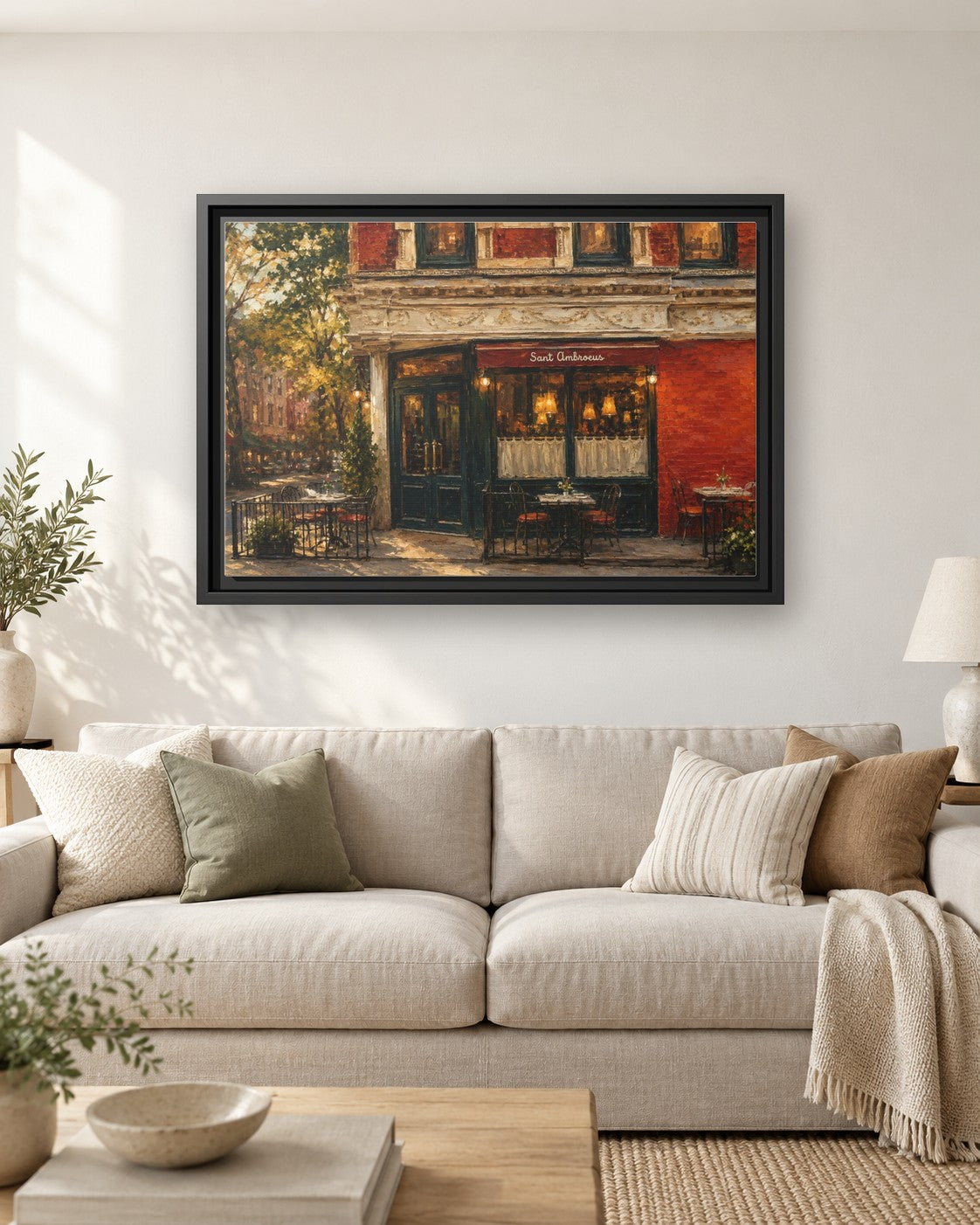 Sant Ambroeus West Village framed canvas print hanging above a sofa