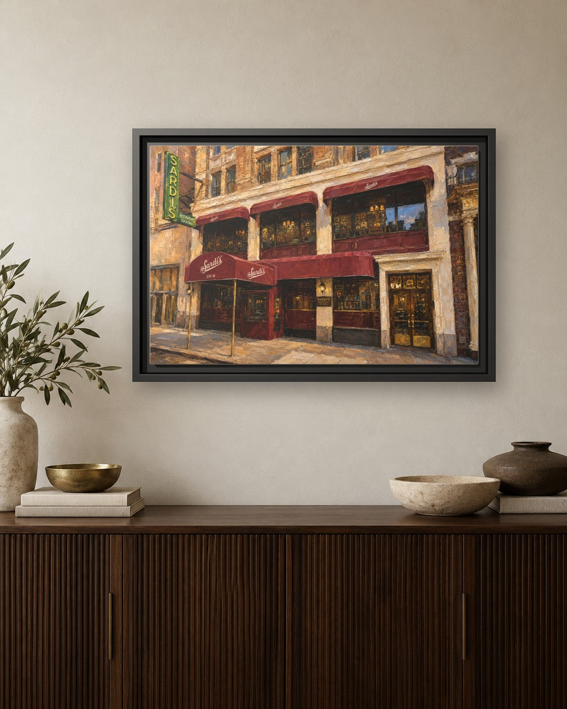 Sardi's framed canvas print hanging above a credenza