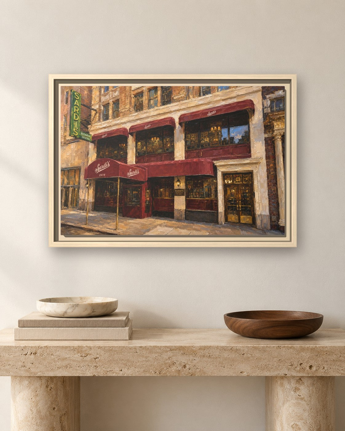 Sardi's framed canvas print hanging above a sideboard