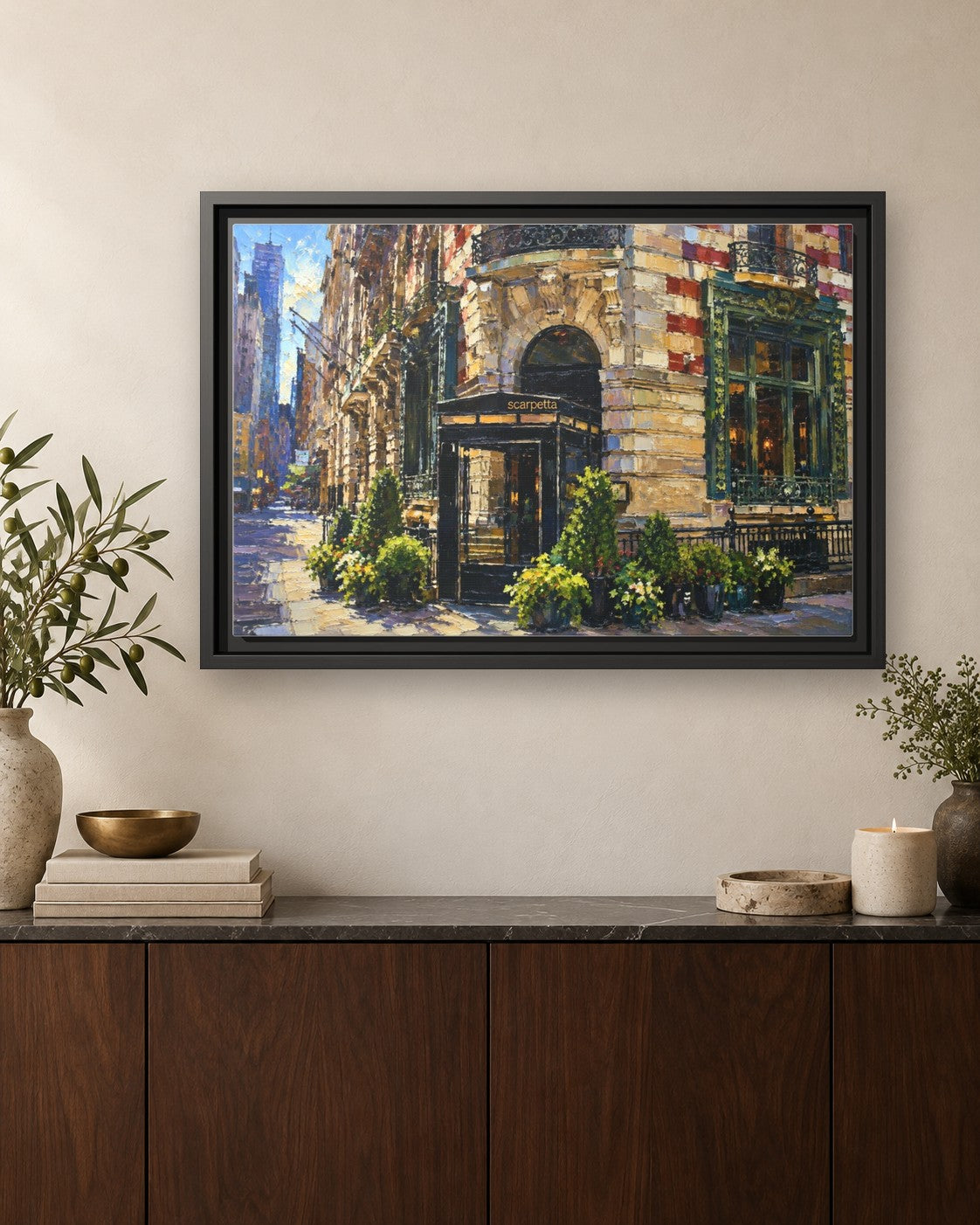 Scarpetta framed canvas print hanging above a credenza