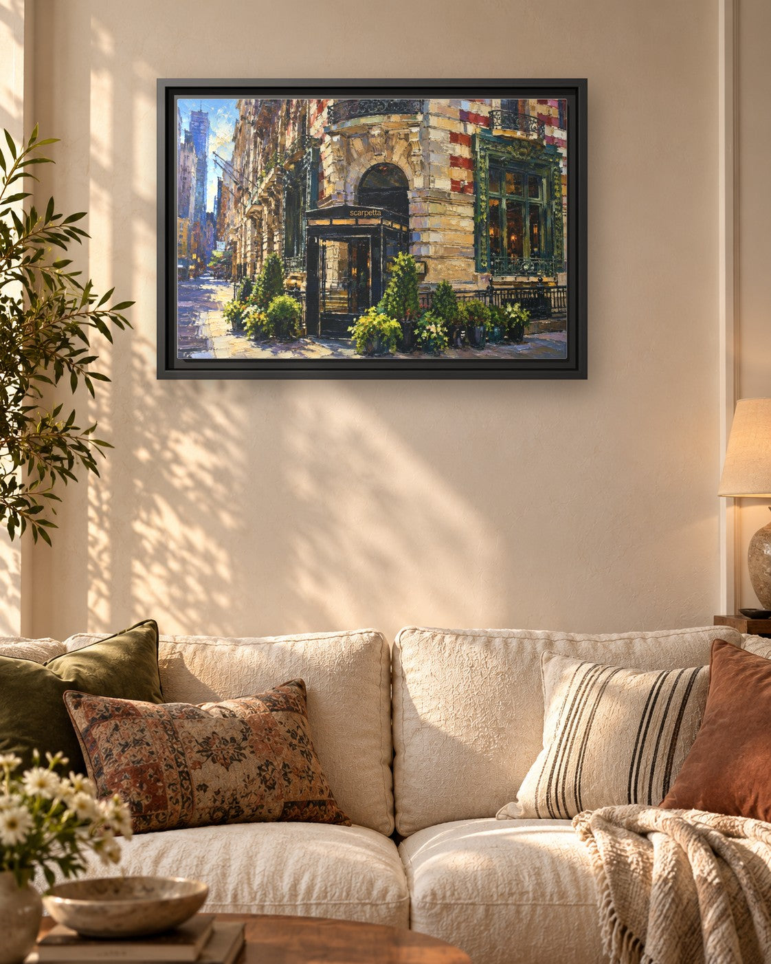 Scarpetta framed canvas print hanging above a sofa