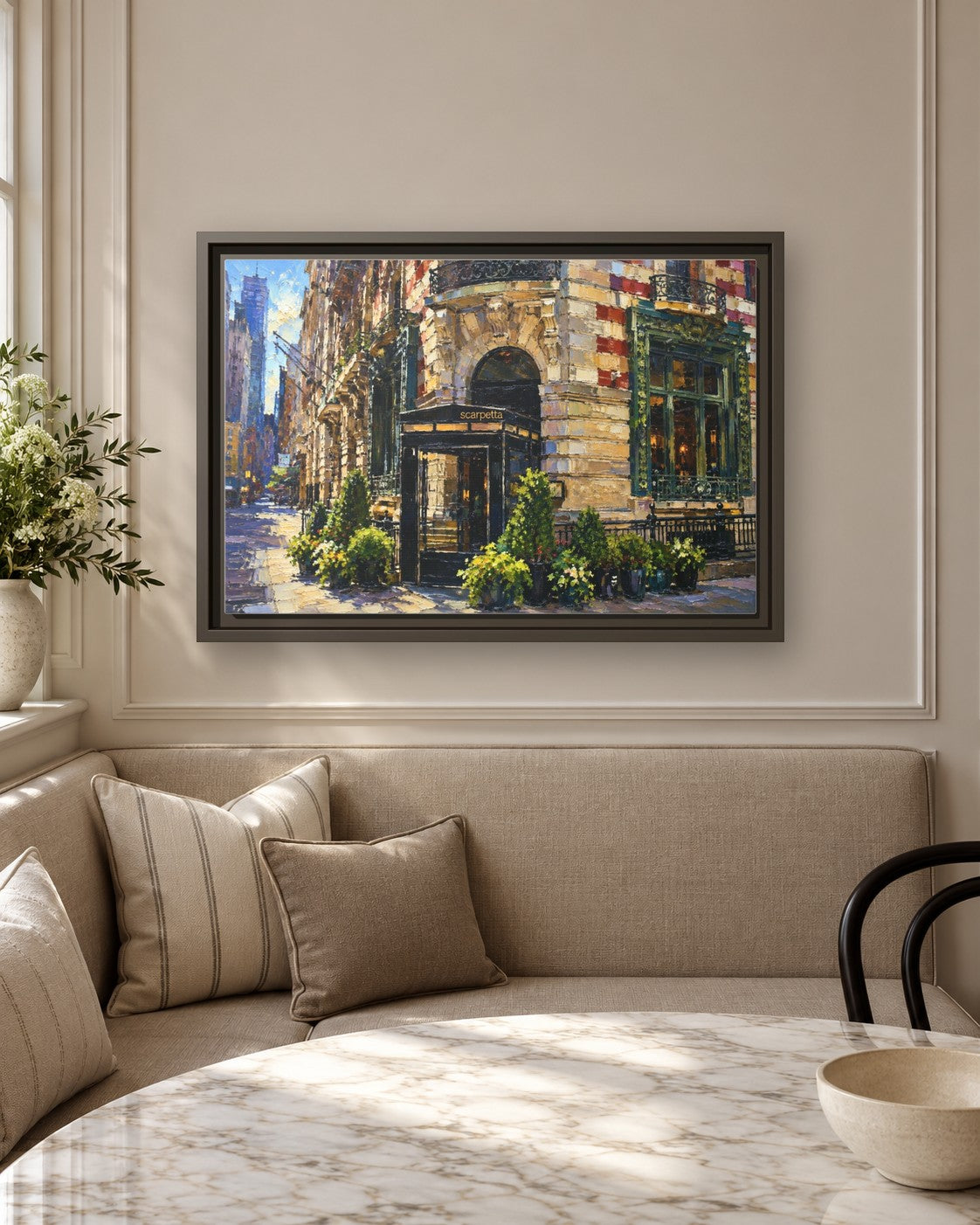 Scarpetta framed canvas print in a breakfast nook