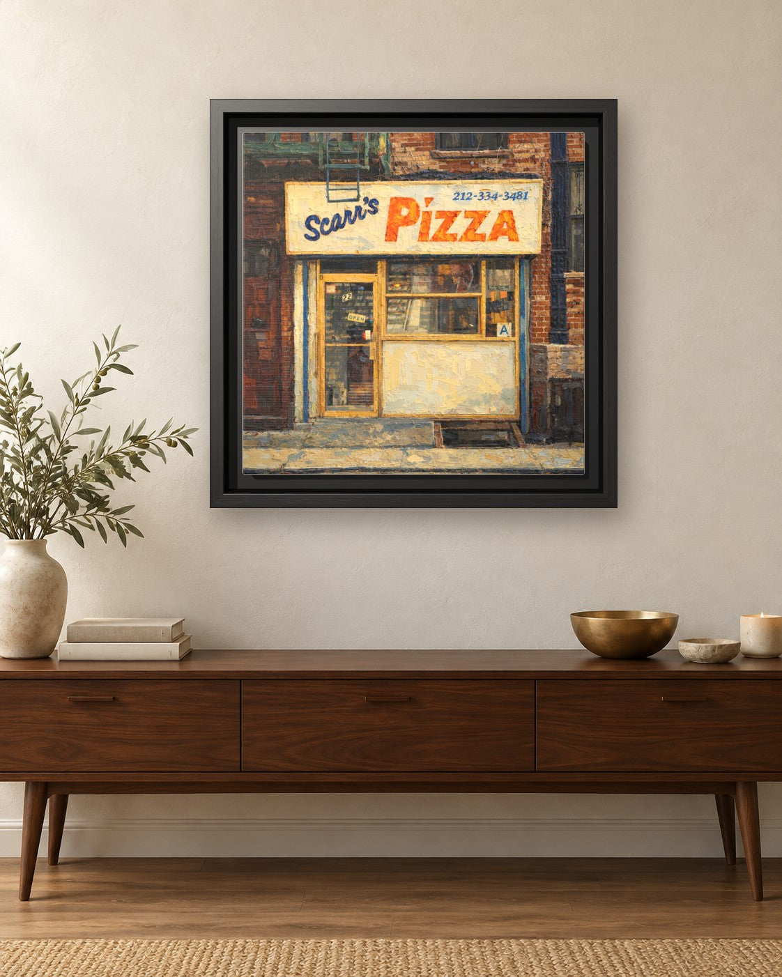 Scarr's Pizza framed canvas print hanging above a credenza