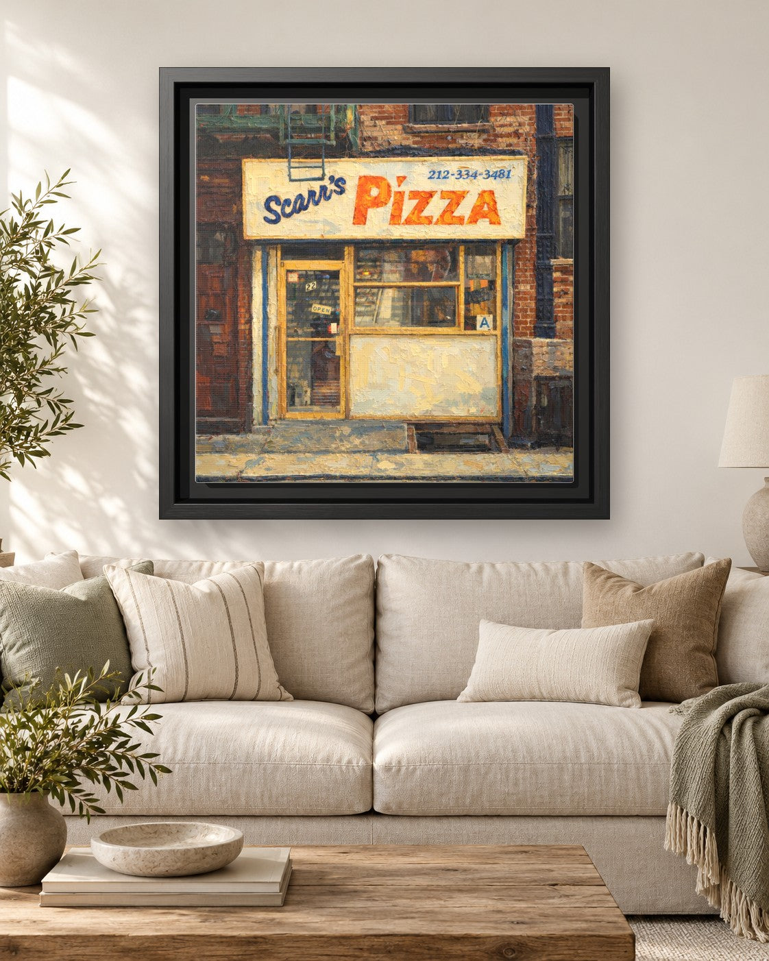 Scarr's Pizza framed canvas print hanging above a sofa