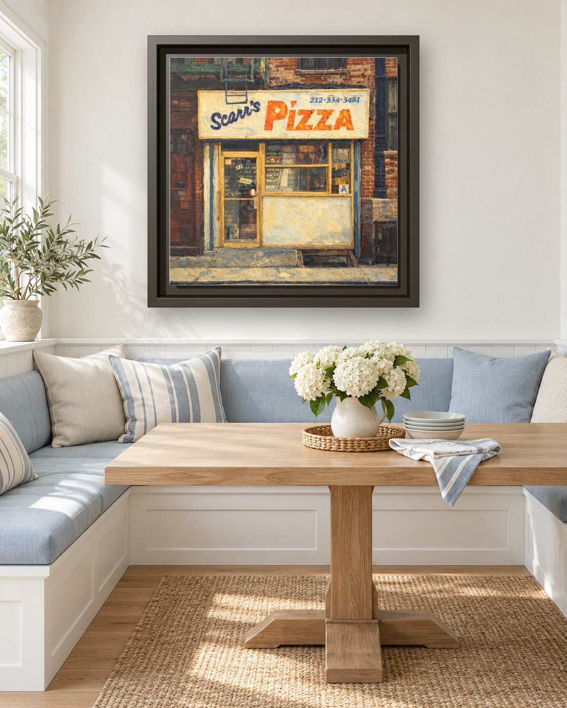 Scarr's Pizza framed canvas print in a breakfast nook