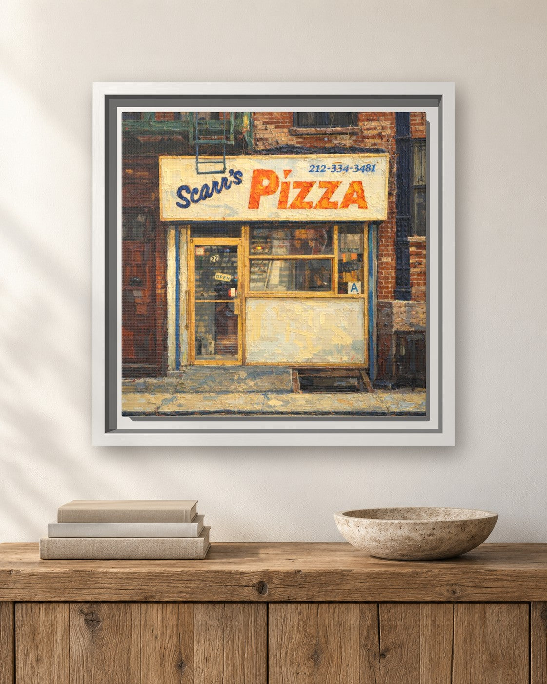 Scarr's Pizza framed canvas print hanging above a sideboard