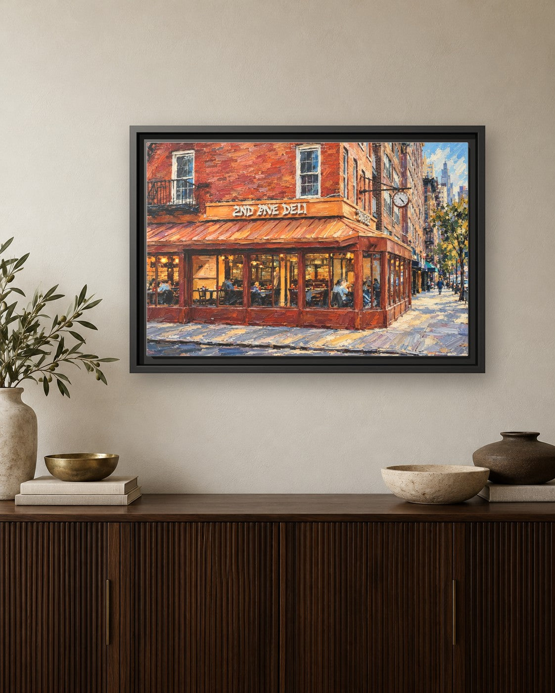 Second Avenue Deli framed canvas print hanging above a credenza