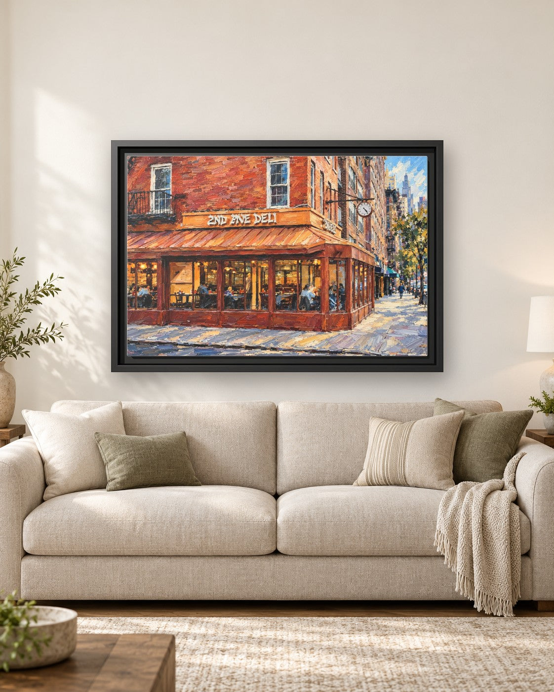 Second Avenue Deli framed canvas print hanging above a sofa