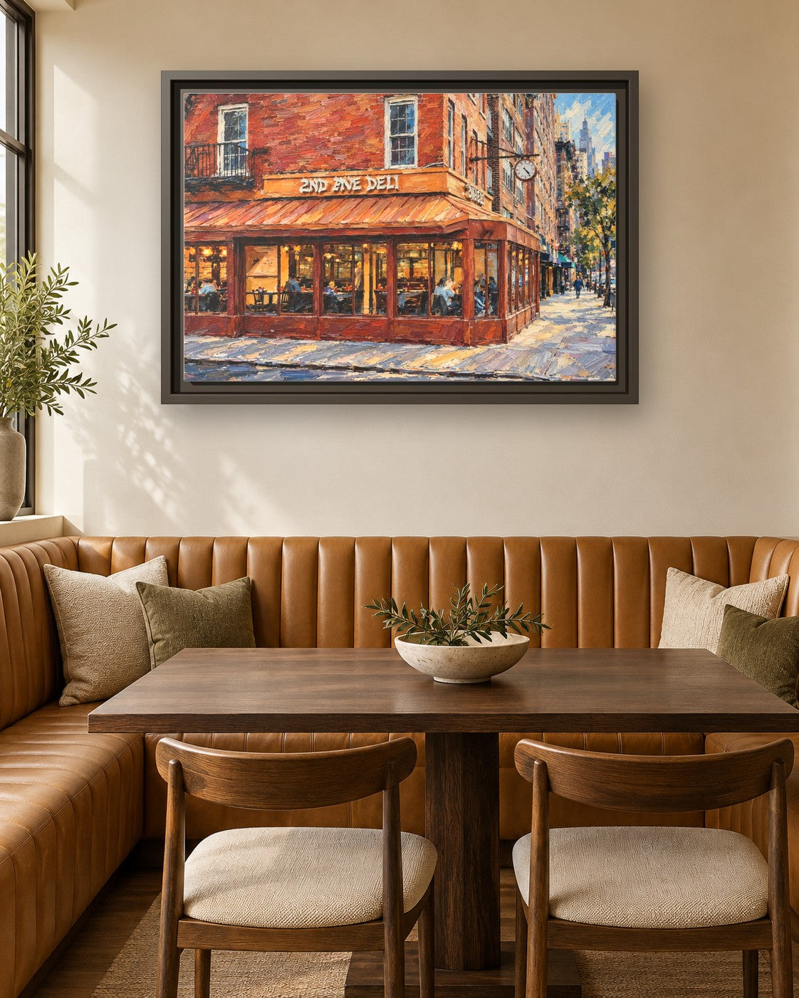 Second Avenue Deli framed canvas print in a breakfast nook