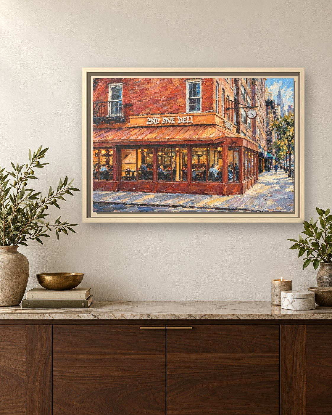 Second Avenue Deli framed canvas print hanging above a sideboard