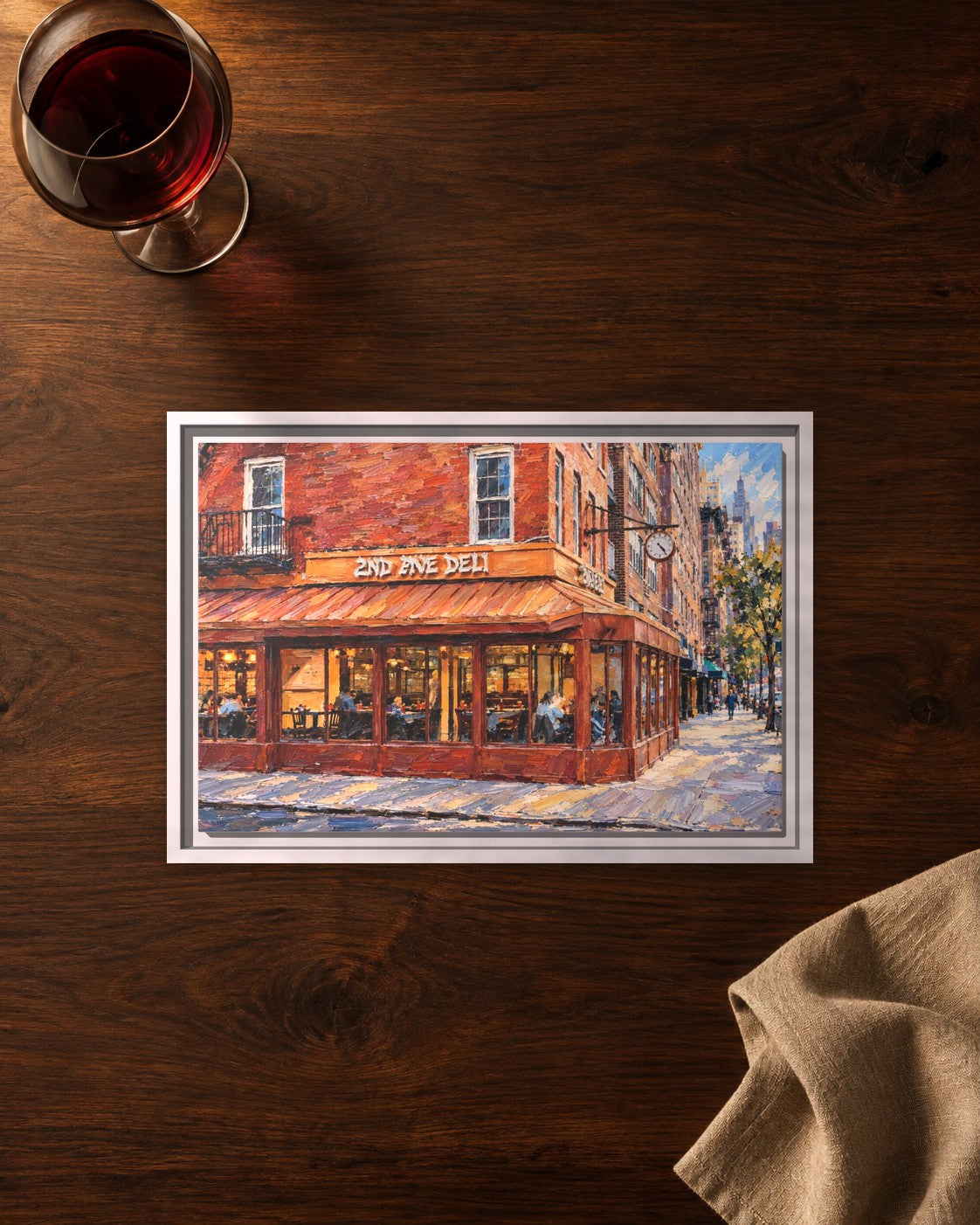 Second Avenue Deli framed canvas print lying on a table