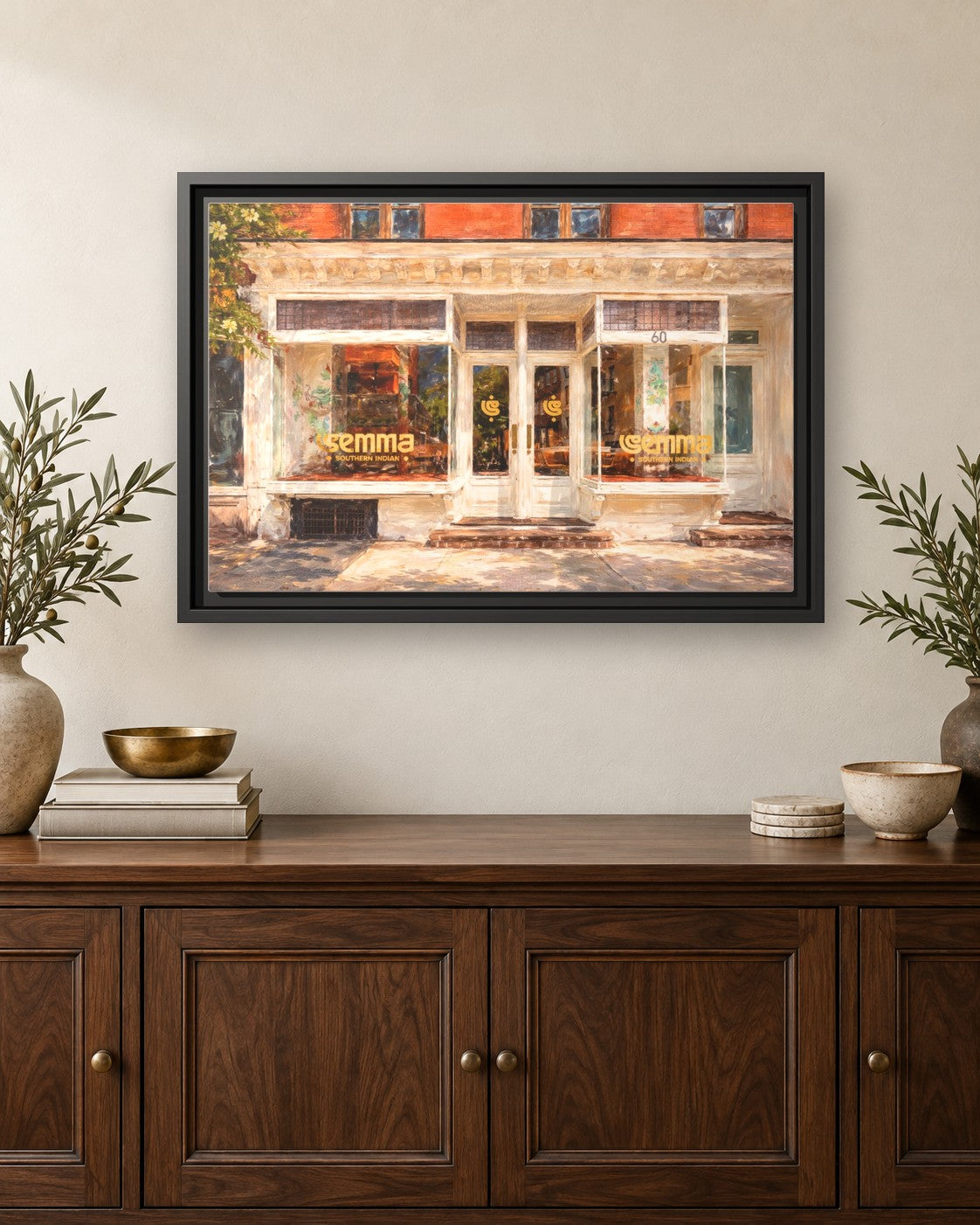Semma framed canvas print hanging above a credenza