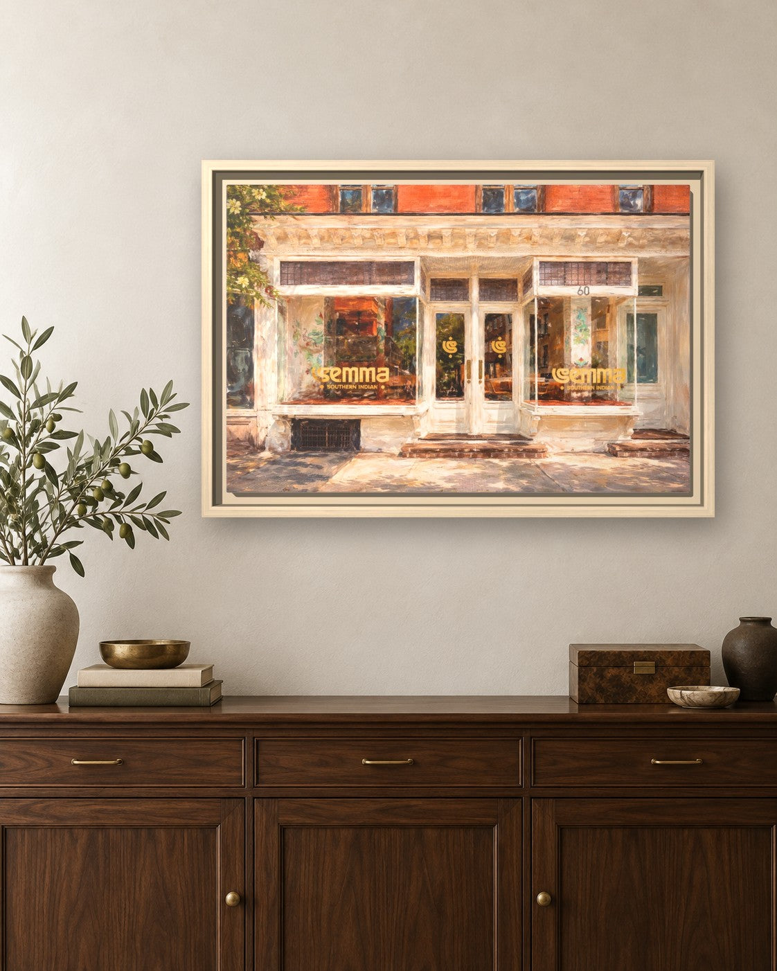 Semma framed canvas print hanging above a sideboard