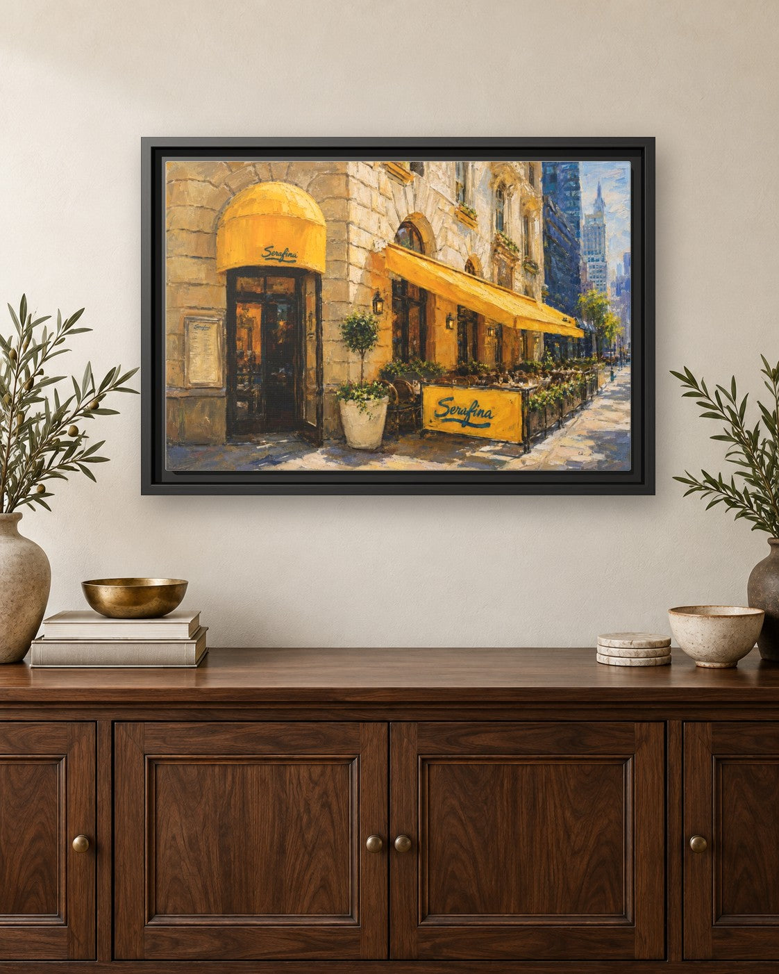 Serafina (Broadway) framed canvas print hanging above a credenza