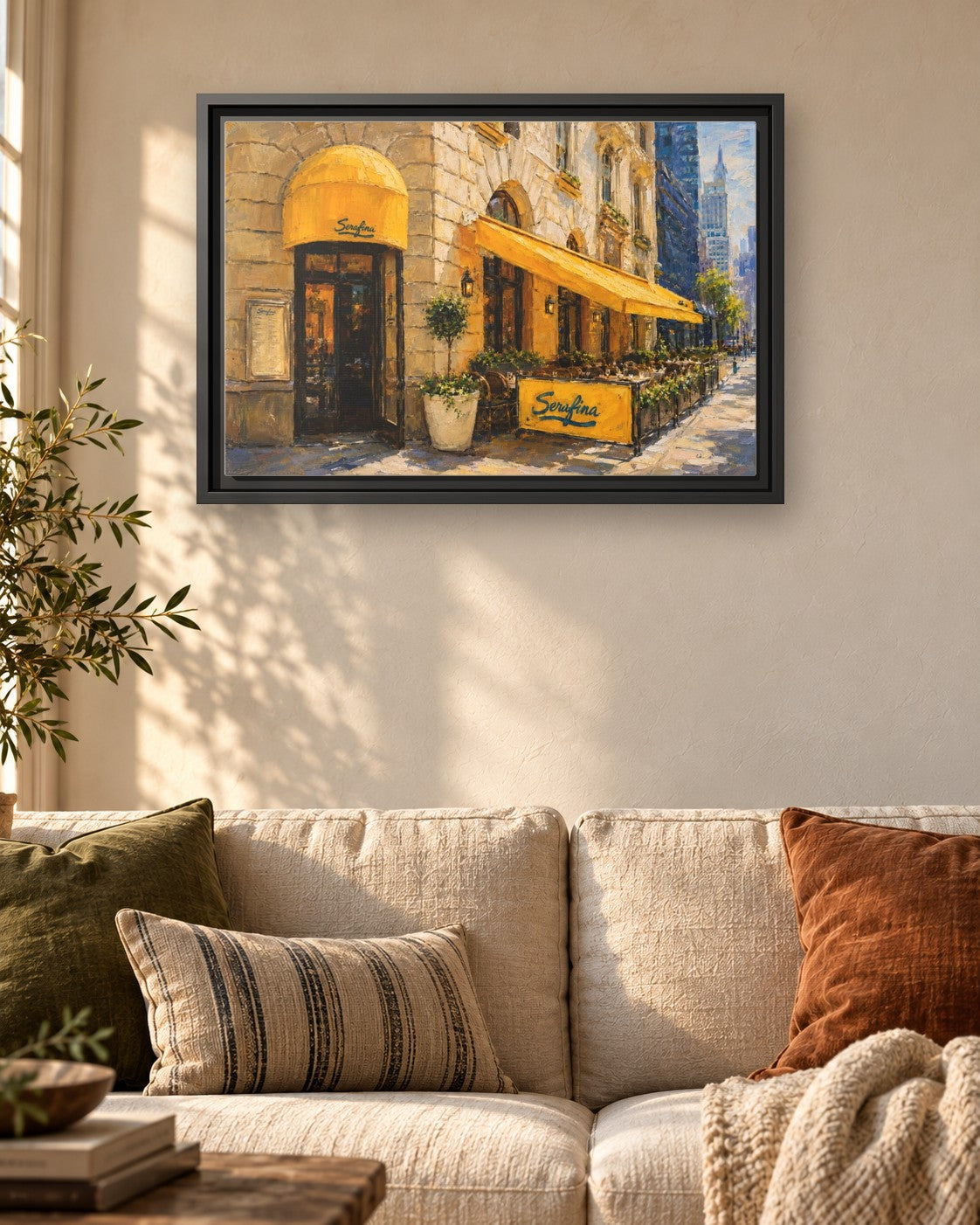 Serafina (Broadway) framed canvas print hanging above a sofa