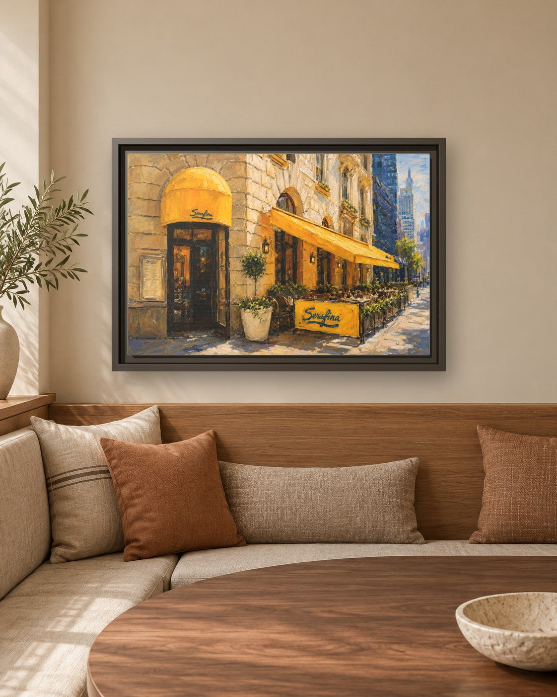 Serafina (Broadway) framed canvas print in a breakfast nook