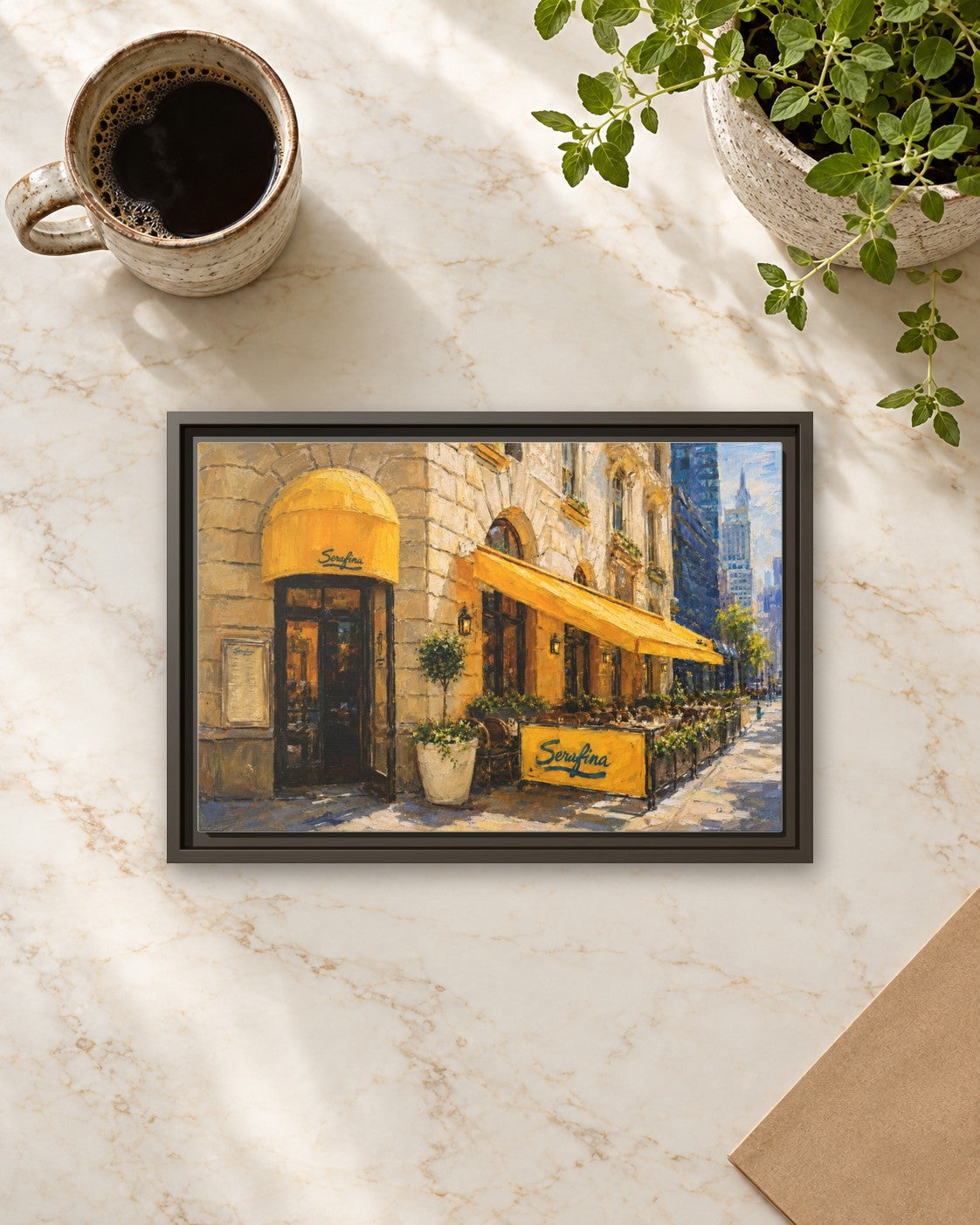 Serafina (Broadway) framed canvas print lying on a table
