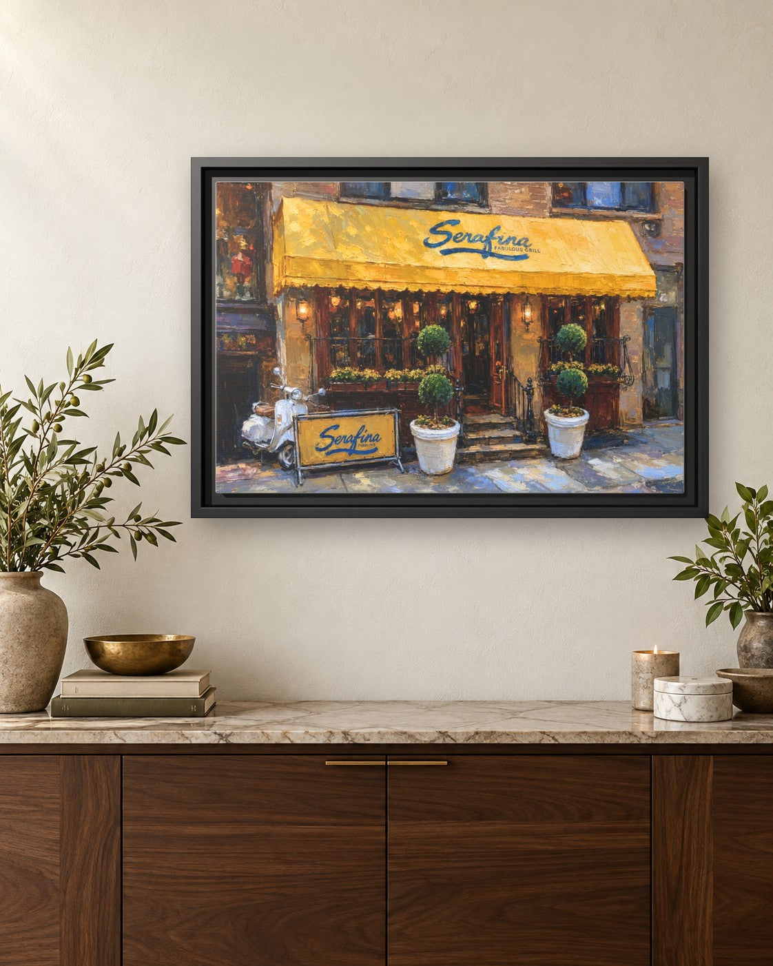 Serafina (Original Location) framed canvas print hanging above a credenza