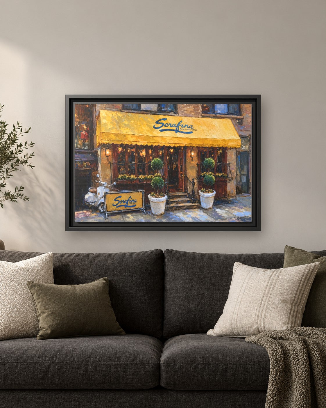 Serafina (Original Location) framed canvas print hanging above a sofa