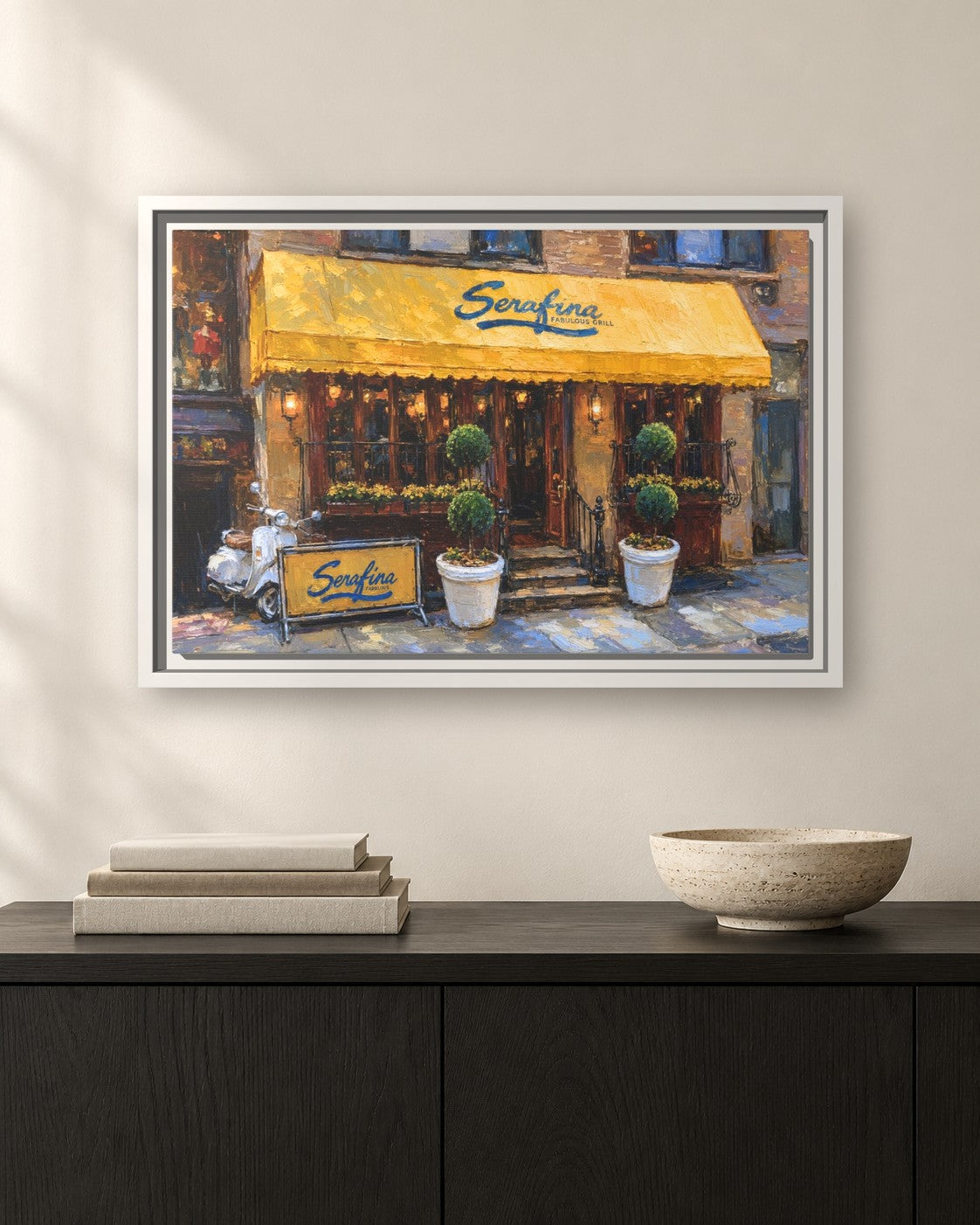 Serafina (Original Location) framed canvas print hanging above a sideboard