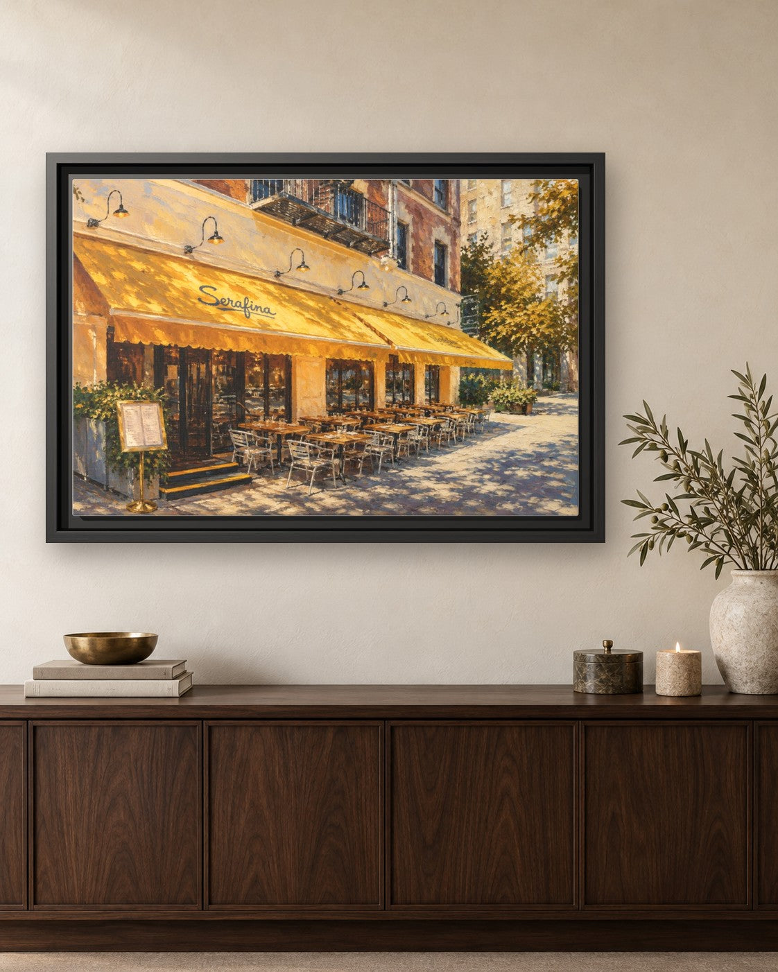 Serafina (Upper West Side) framed canvas print hanging above a credenza
