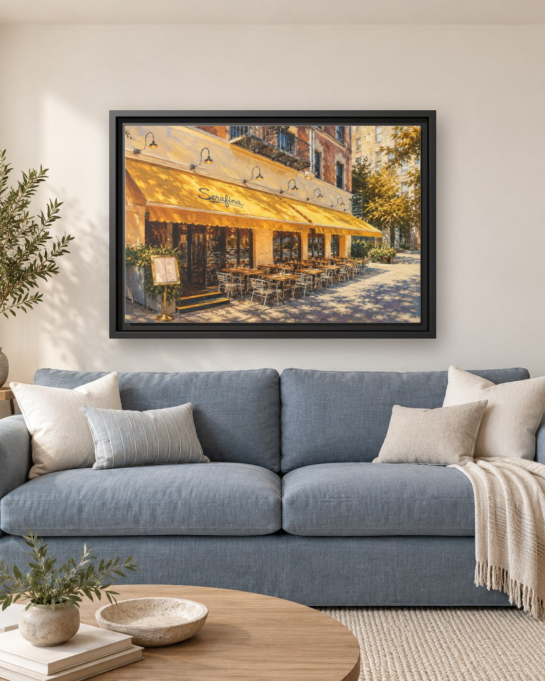 Serafina (Upper West Side) framed canvas print hanging above a sofa