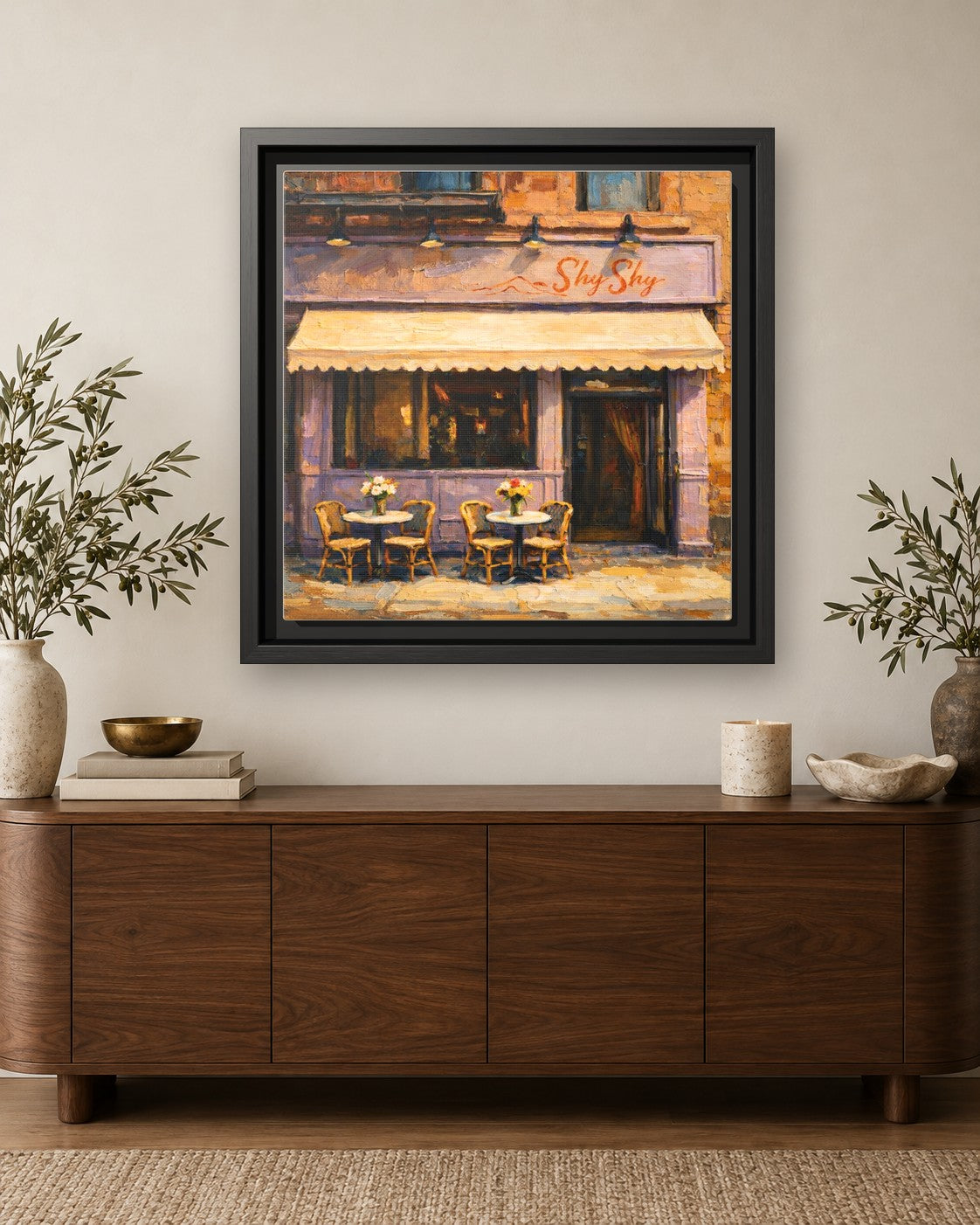 Shy Shy framed canvas print hanging above a credenza