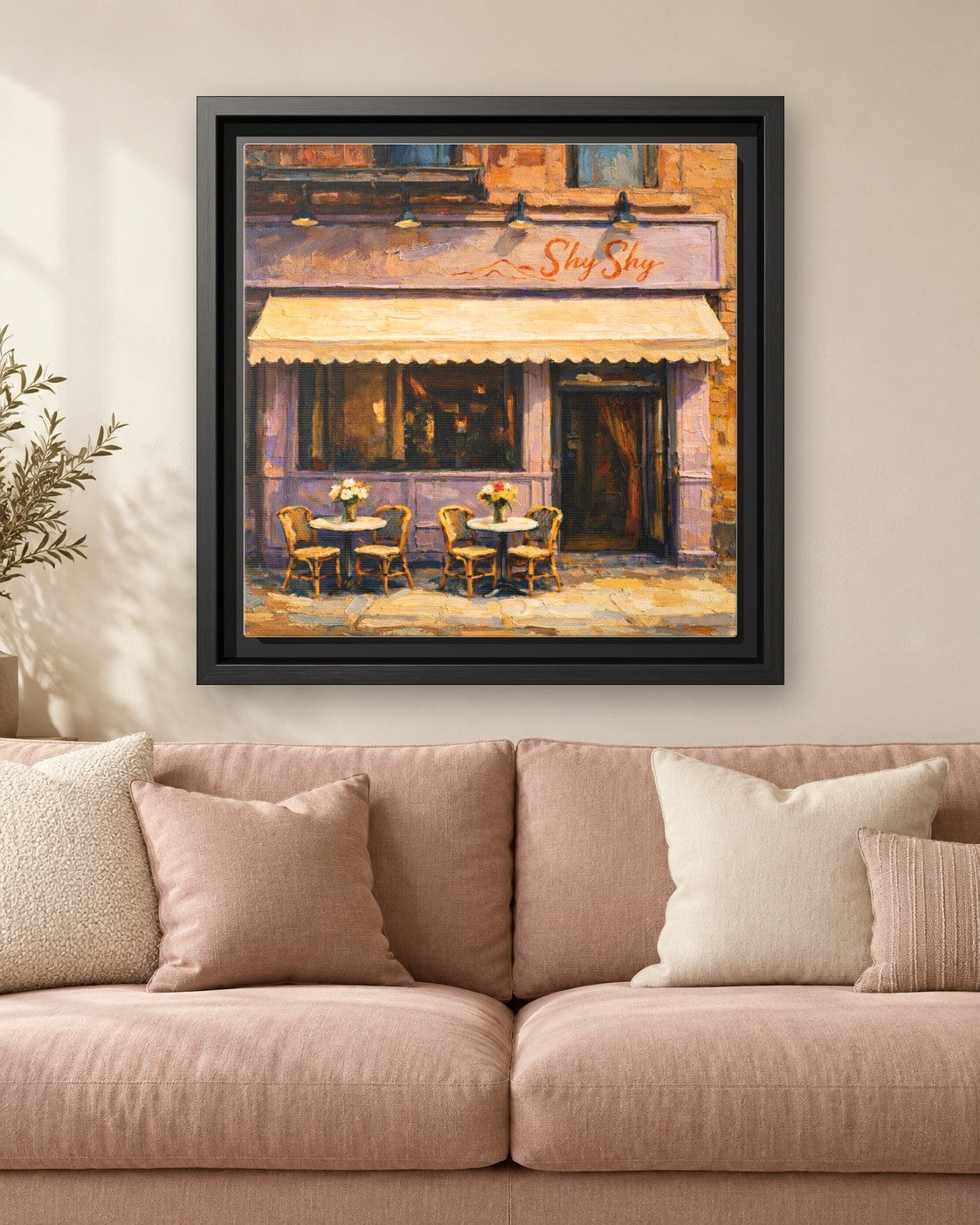 Shy Shy framed canvas print hanging above a sofa