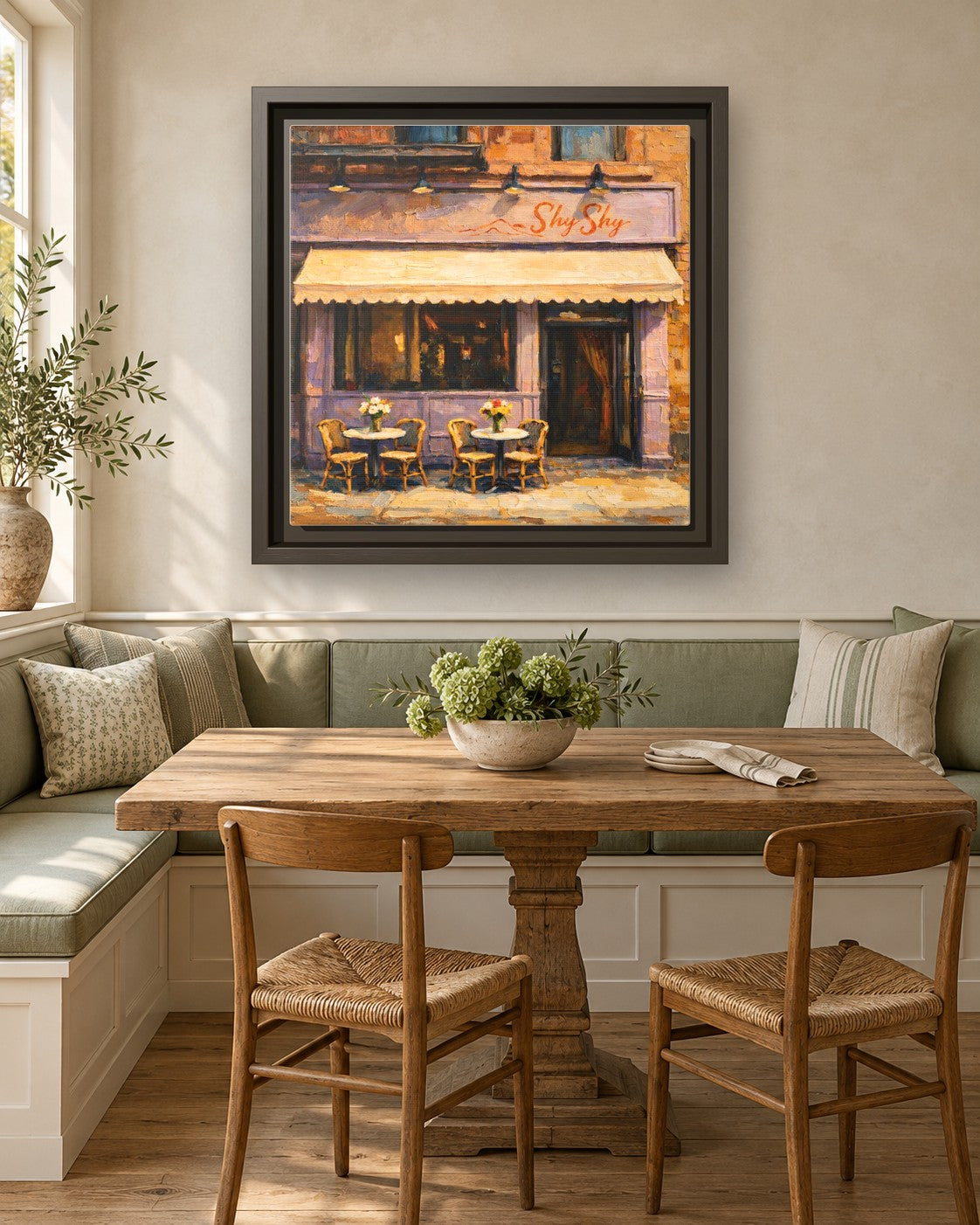 Shy Shy framed canvas print in a breakfast nook