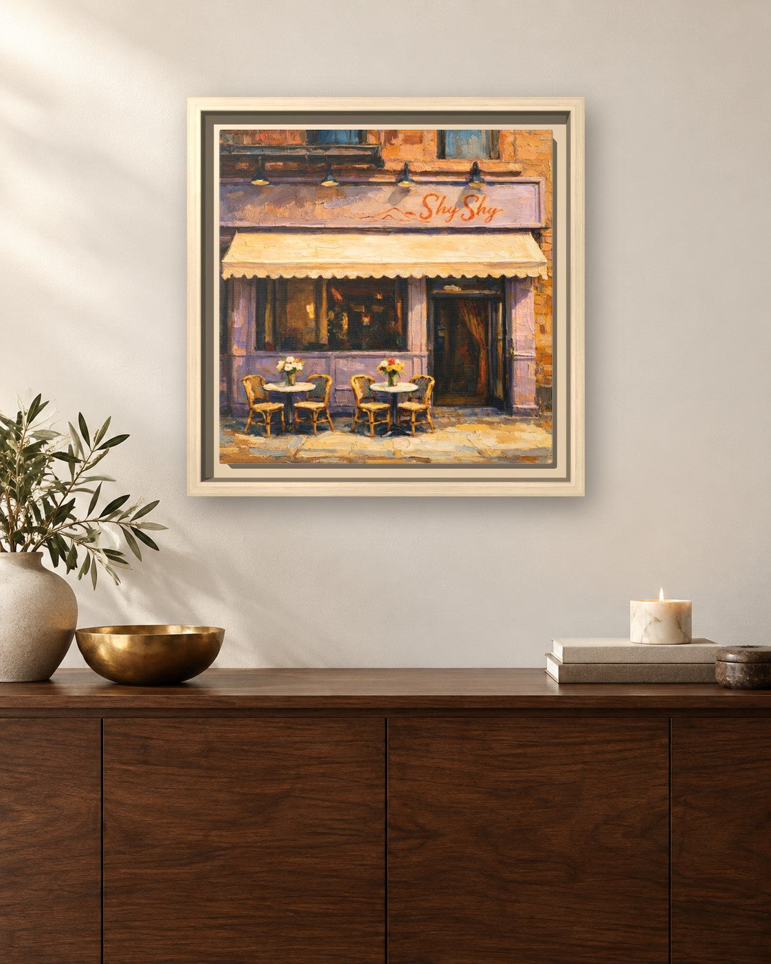 Shy Shy framed canvas print hanging above a sideboard