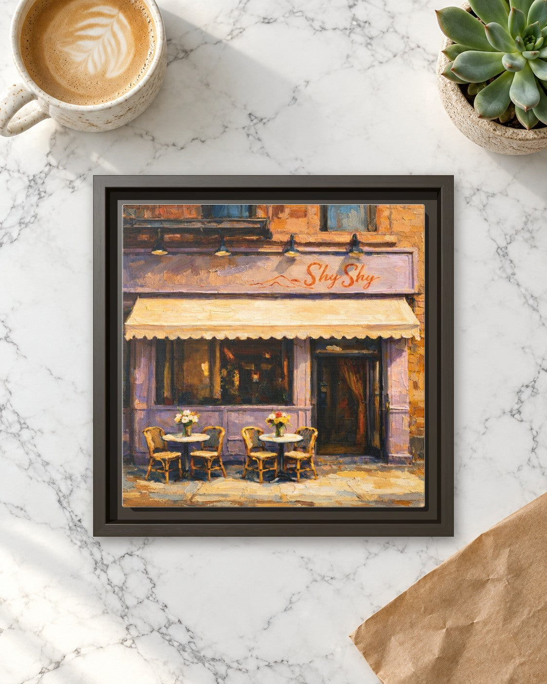 Shy Shy framed canvas print lying on a table