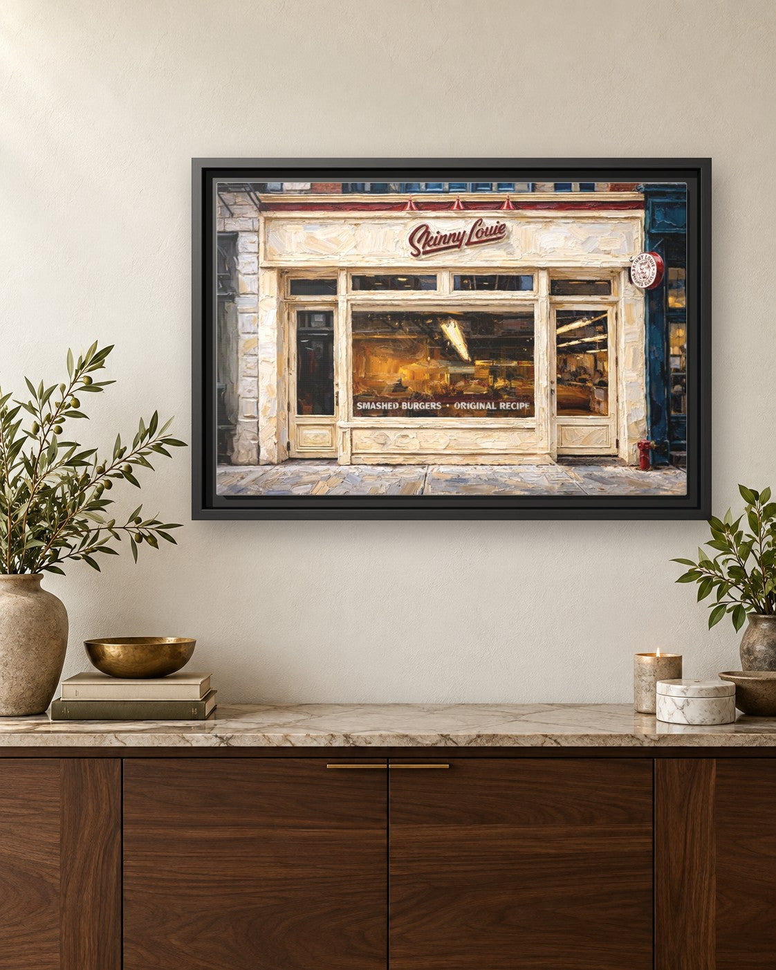 Skinny Louie framed canvas print hanging above a credenza