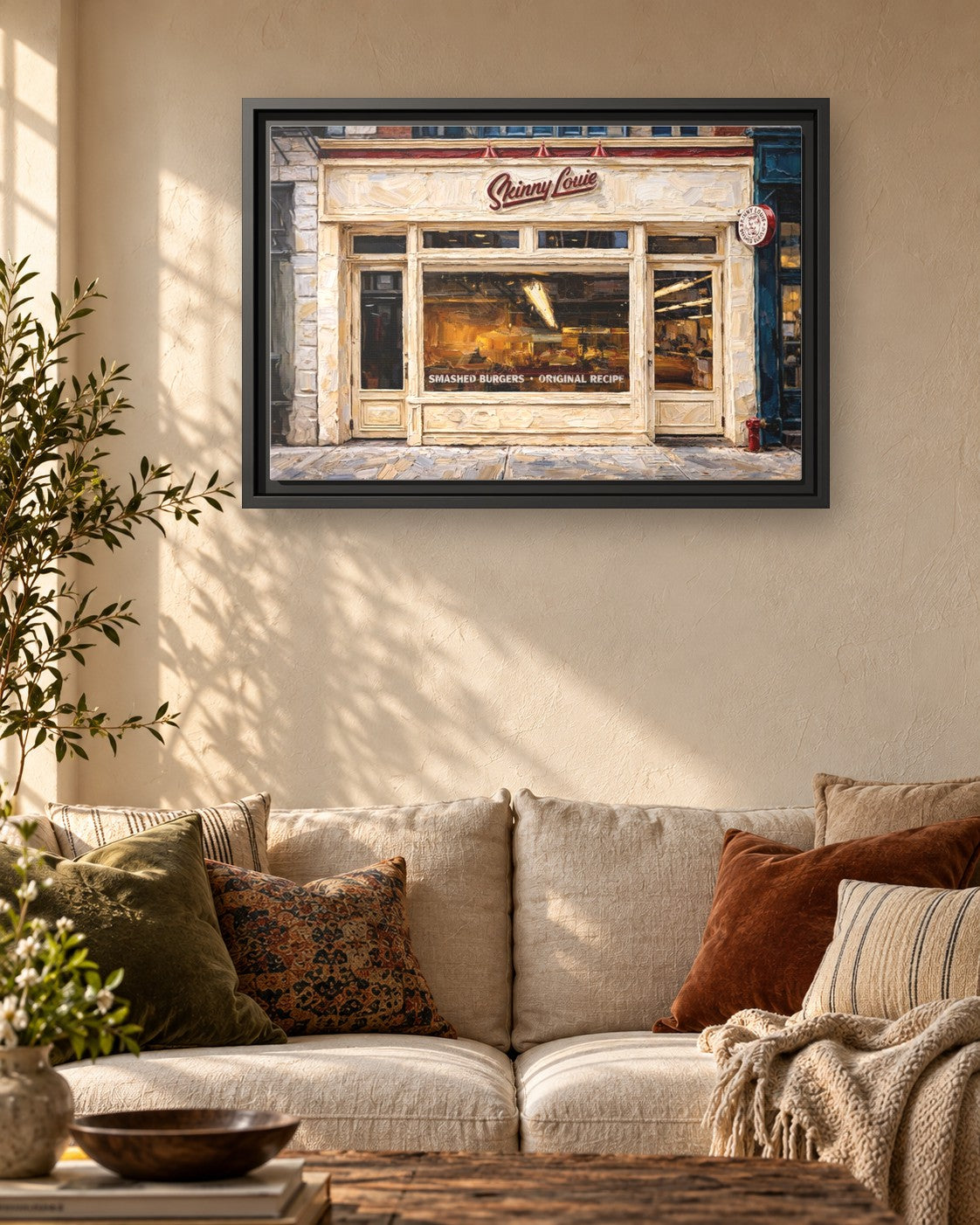 Skinny Louie framed canvas print hanging above a sofa