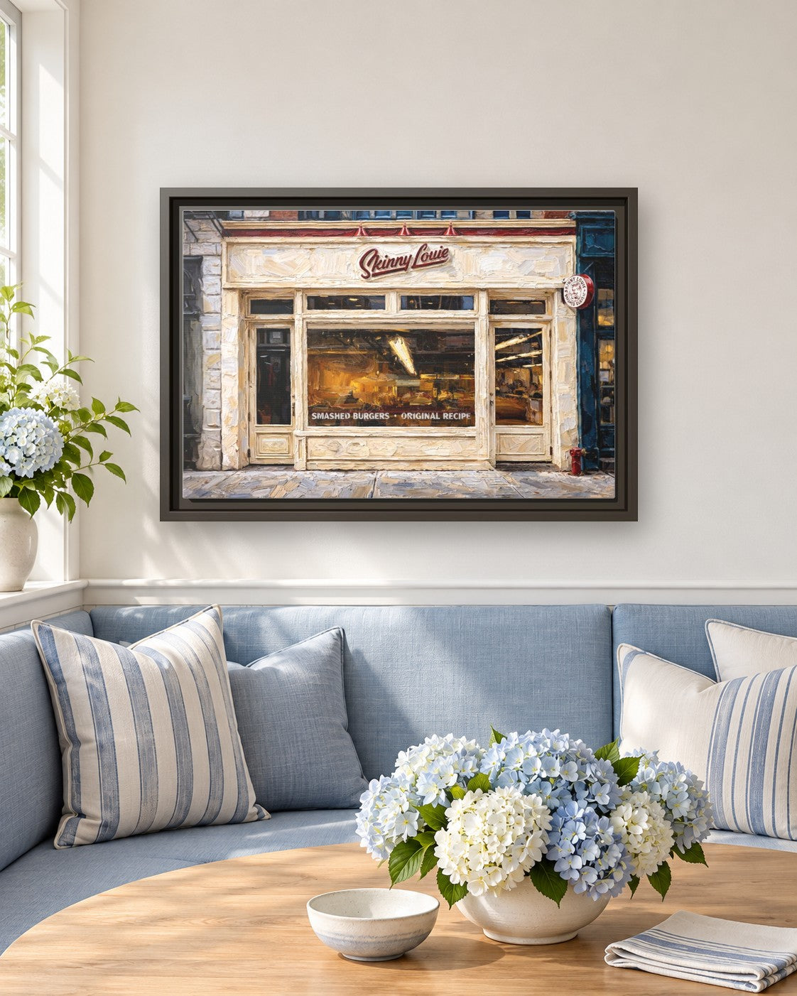 Skinny Louie framed canvas print in a breakfast nook