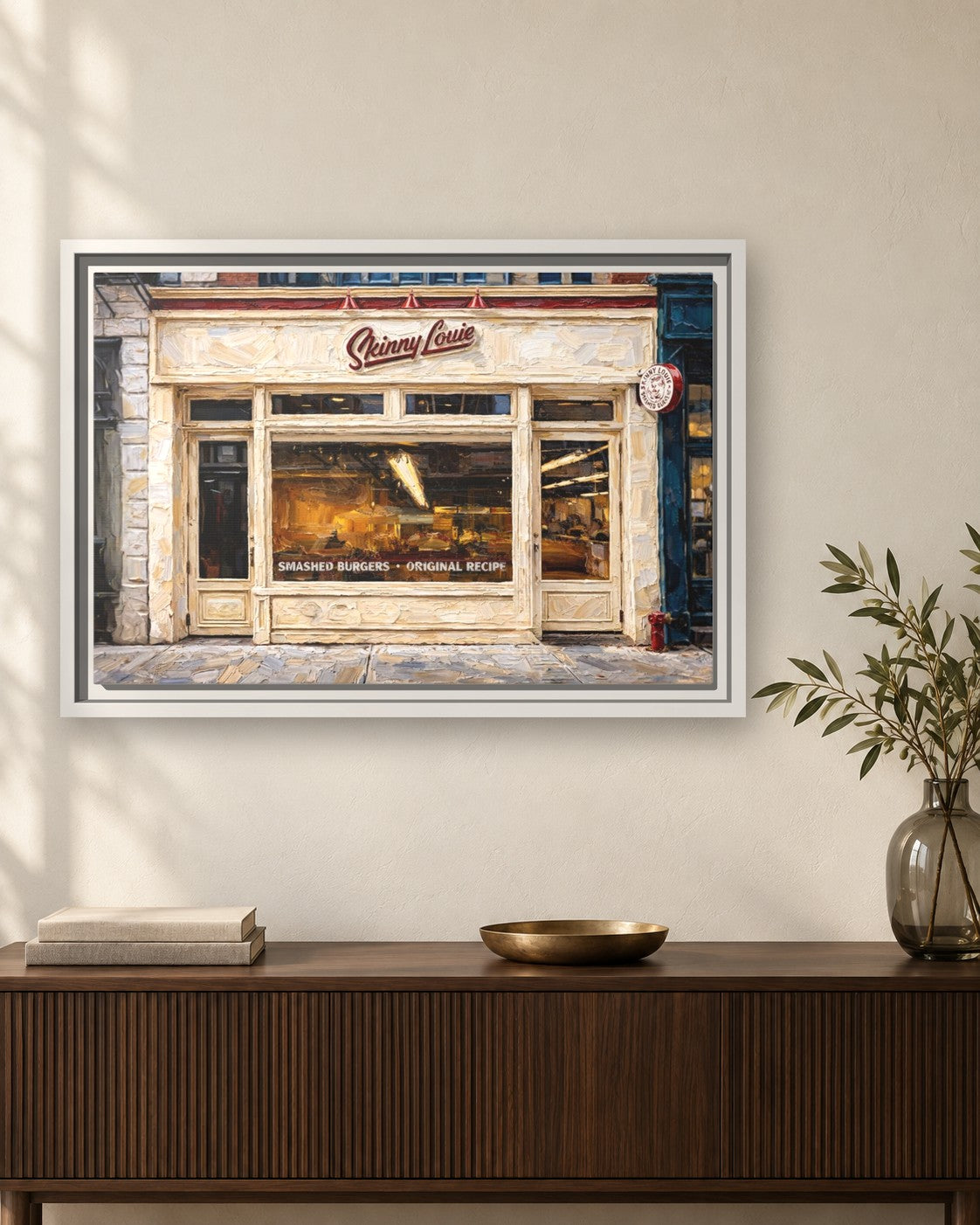Skinny Louie framed canvas print hanging above a sideboard