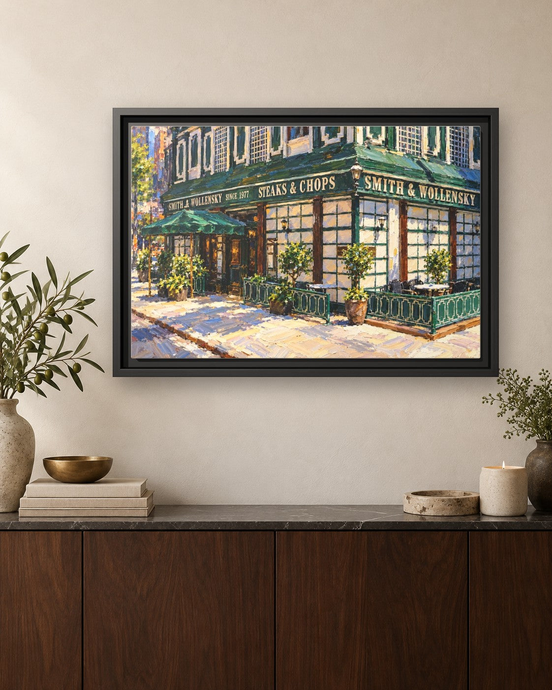 Smith & Wollensky framed canvas print hanging above a credenza