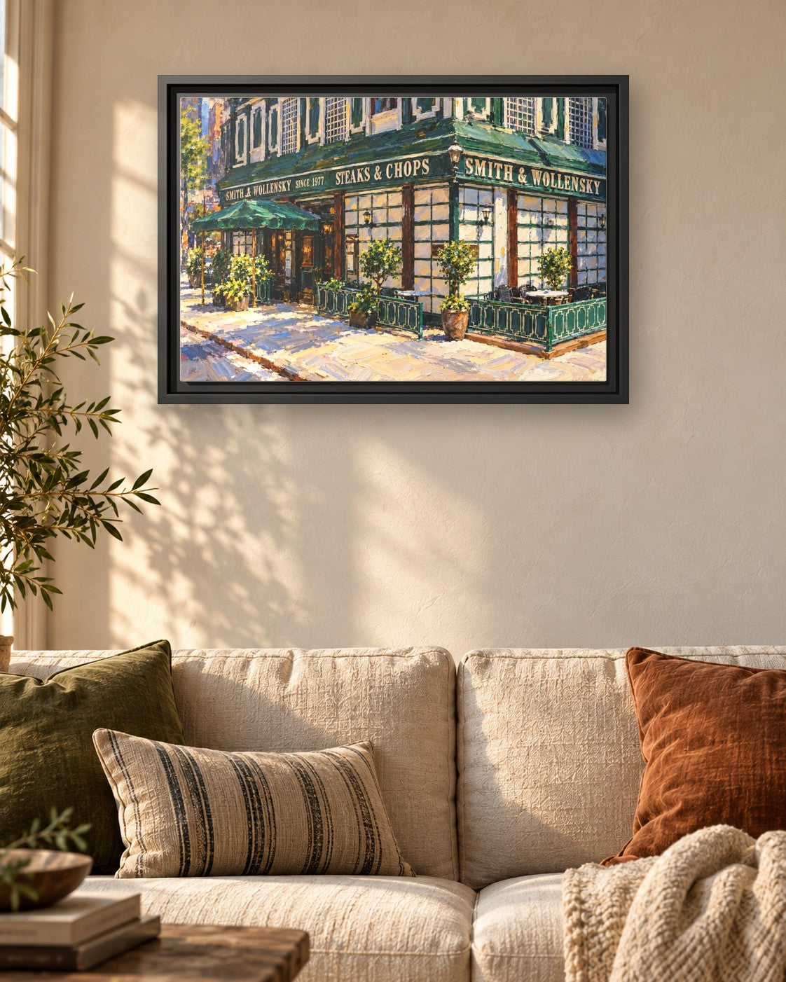 Smith & Wollensky framed canvas print hanging above a sofa