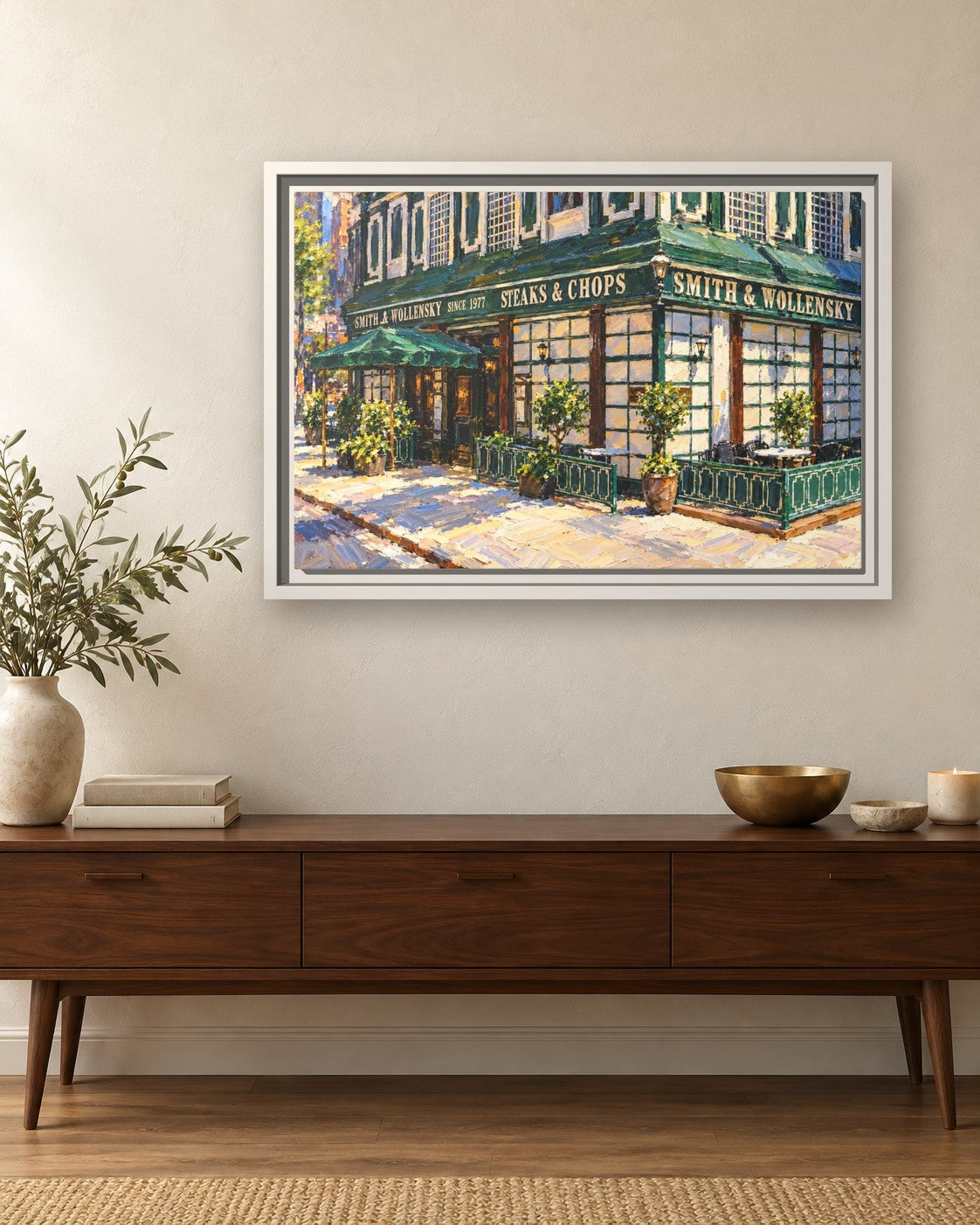 Smith & Wollensky framed canvas print hanging above a sideboard