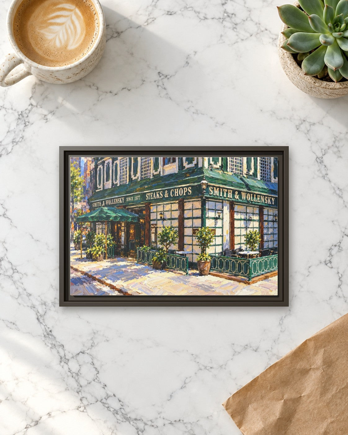 Smith & Wollensky framed canvas print lying on a table