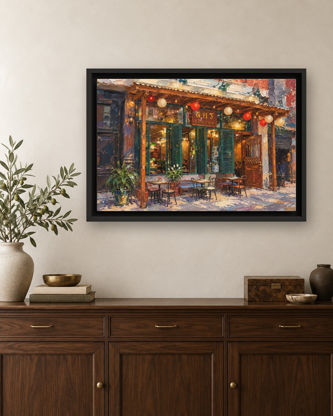 Soothr framed canvas print hanging above a credenza