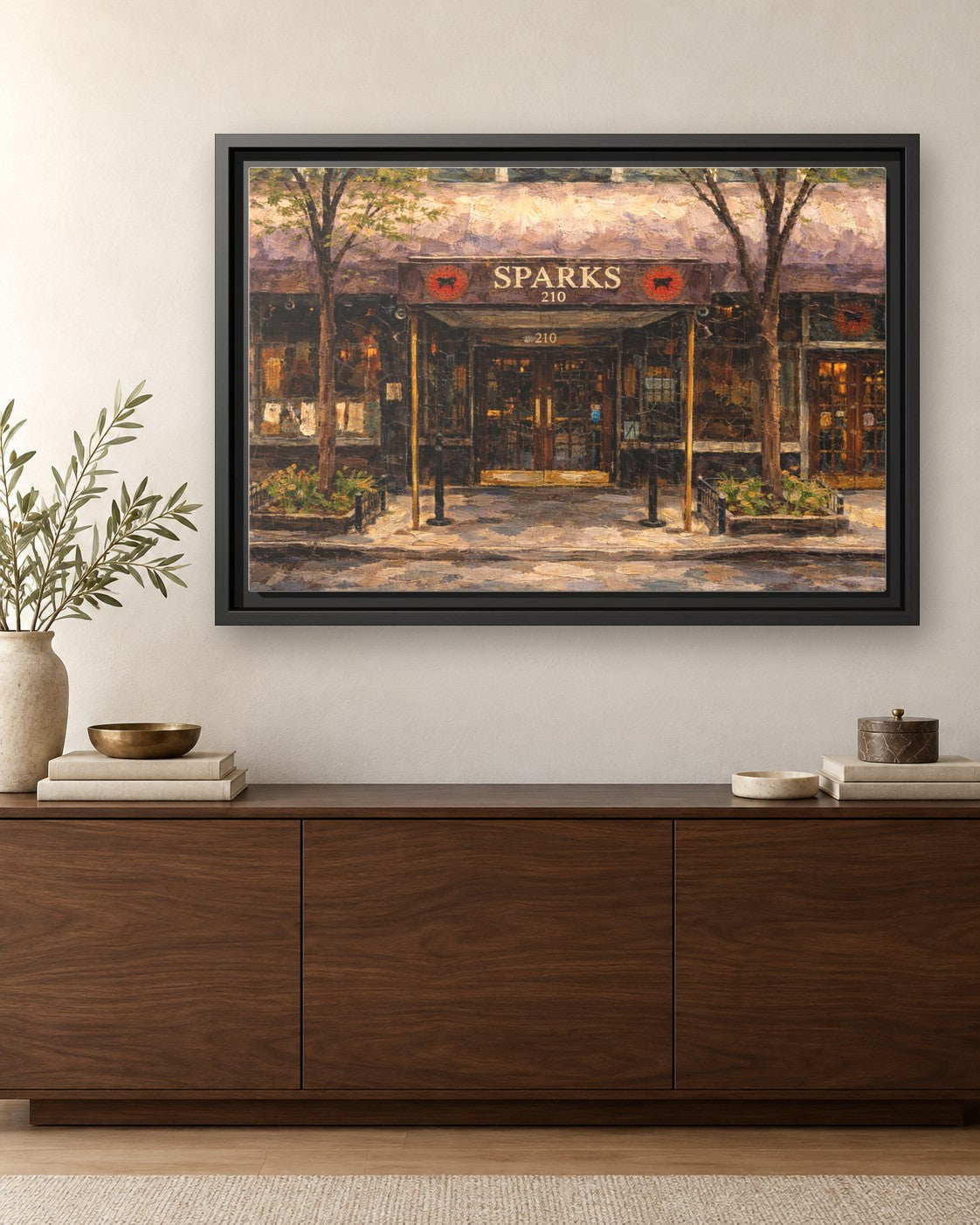 Sparks Steak House framed canvas print hanging above a credenza