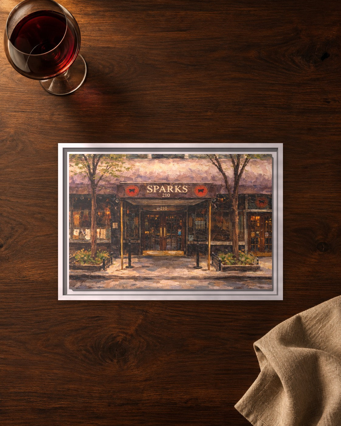 Sparks Steak House framed canvas print lying on a table