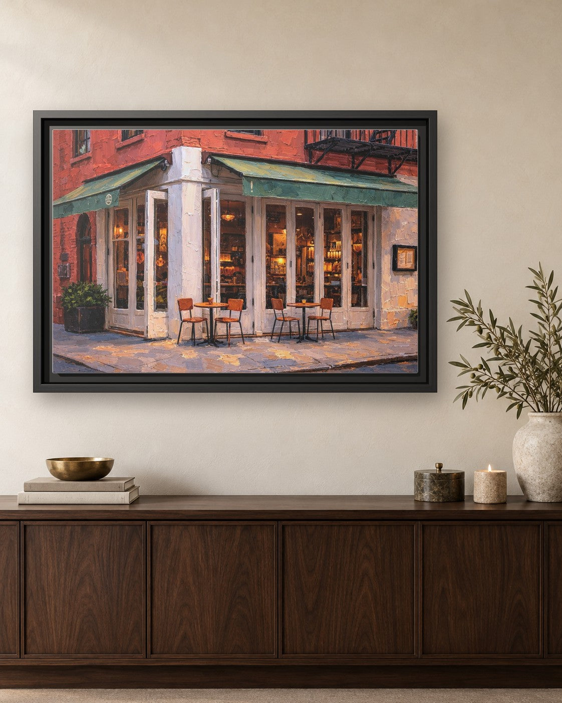St. Jardim framed canvas print hanging above a credenza