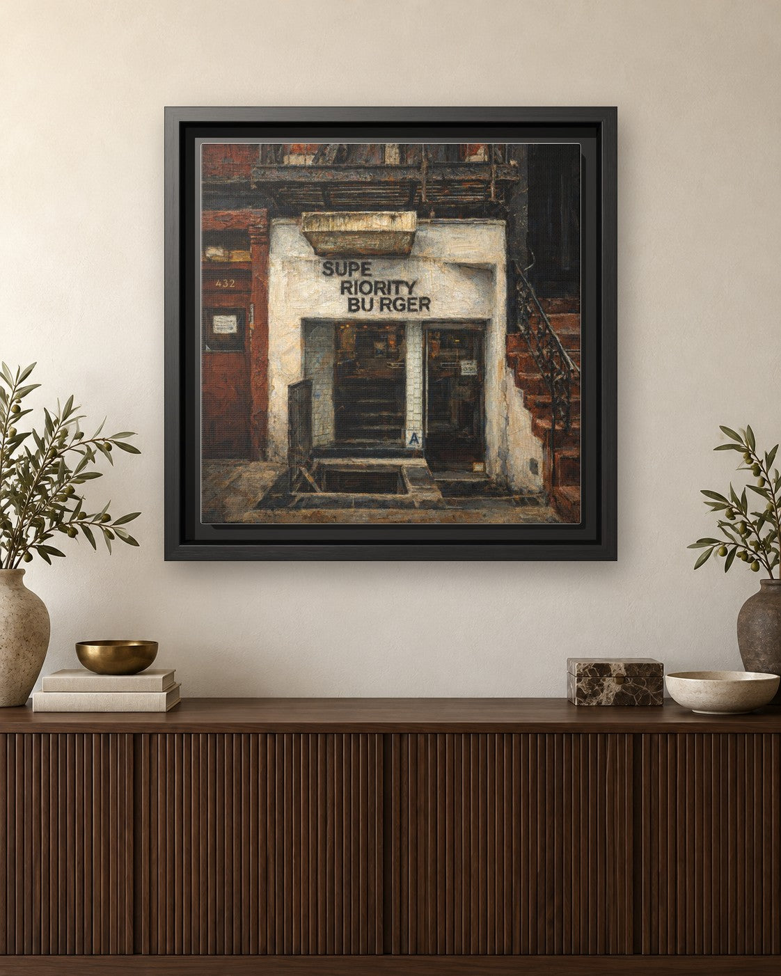 Superiority Burger framed canvas print hanging above a credenza
