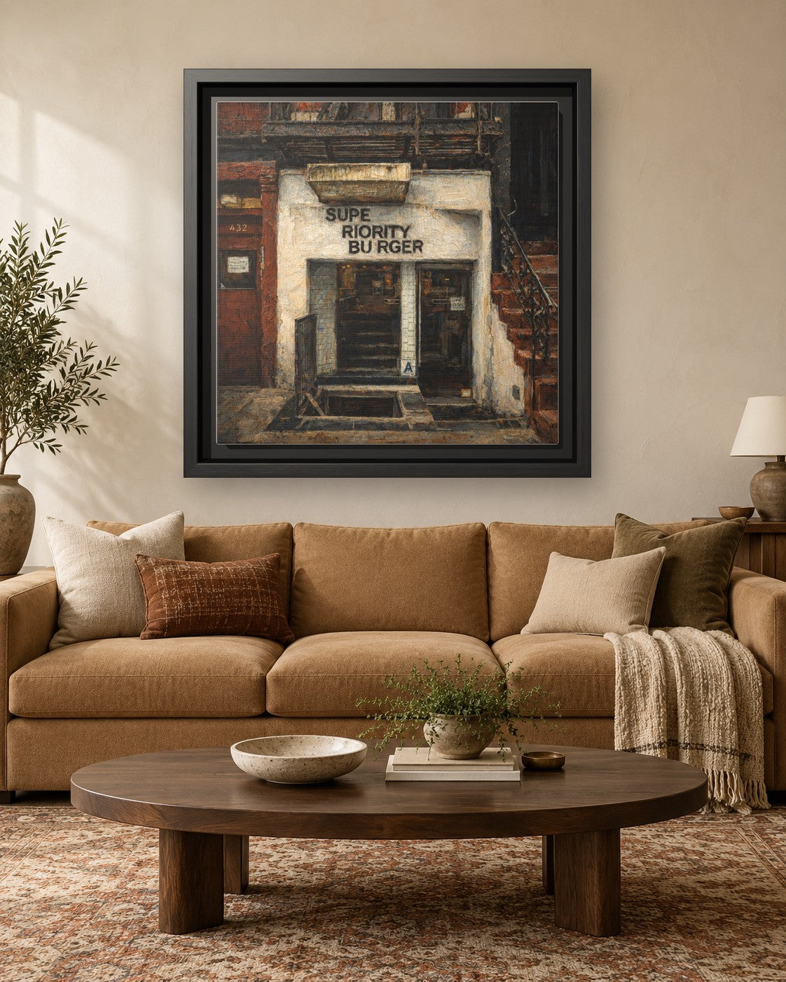 Superiority Burger framed canvas print hanging above a sofa